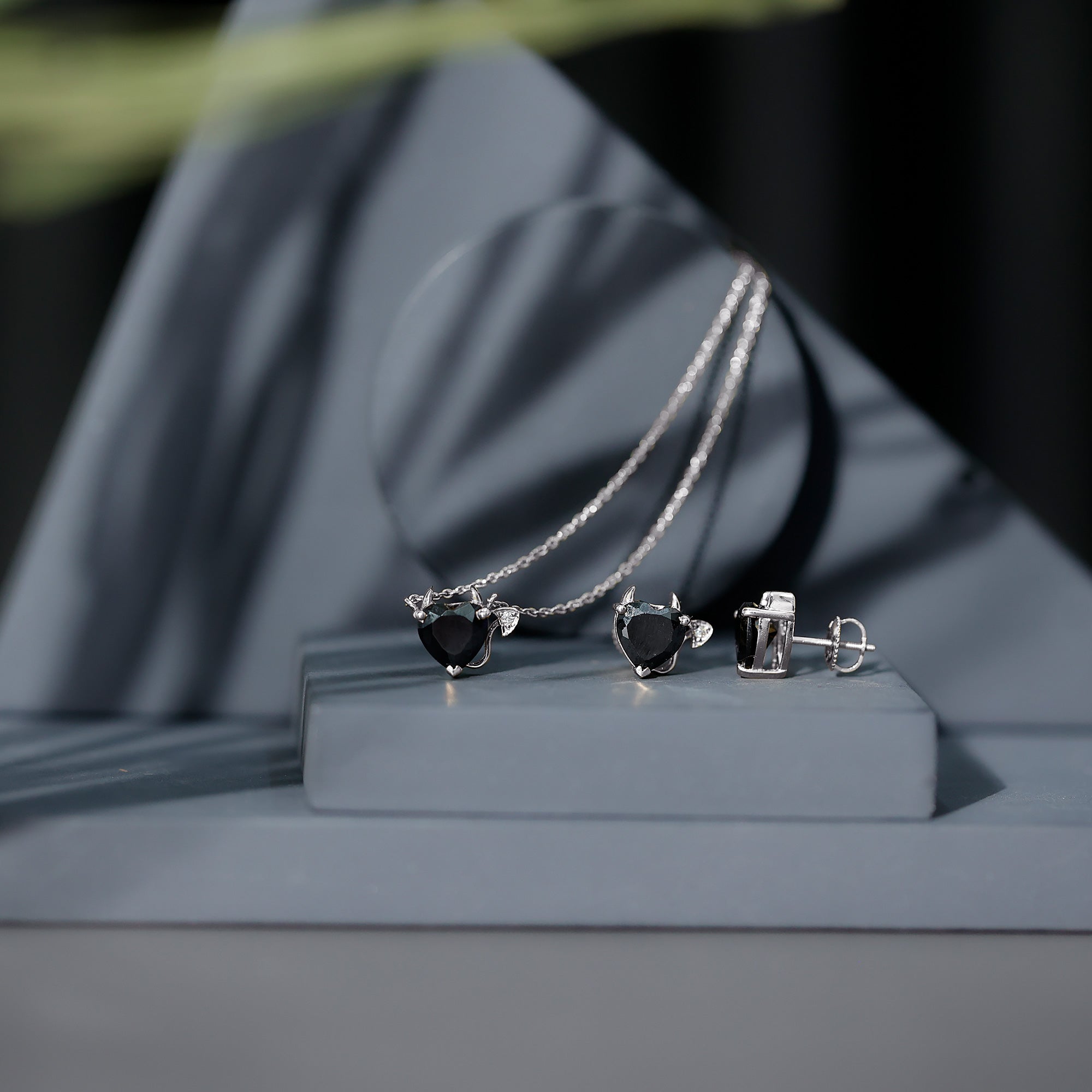 Heart Shape Lab Grown Black and White Diamond Devil Jewelry Set AAAA ( Synthetic ) - Rosec Jewels
