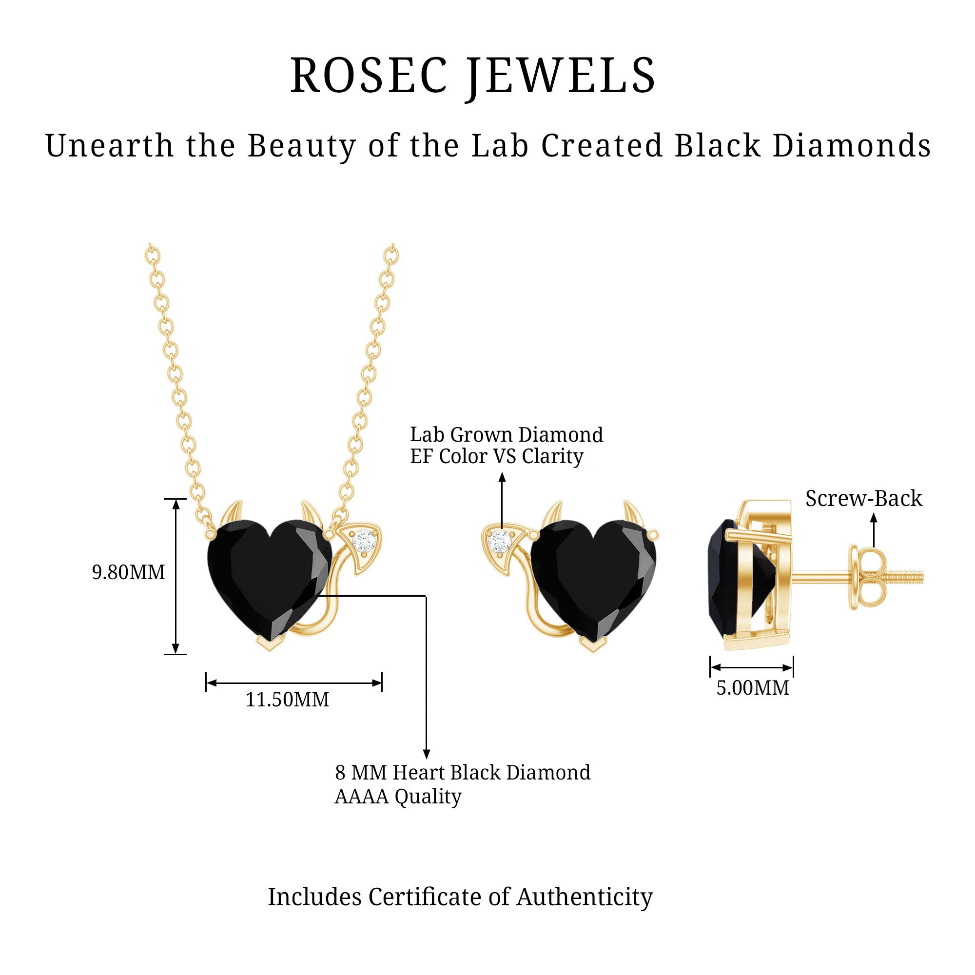 Heart Shape Lab Grown Black and White Diamond Devil Jewelry Set AAAA ( Synthetic ) - Rosec Jewels