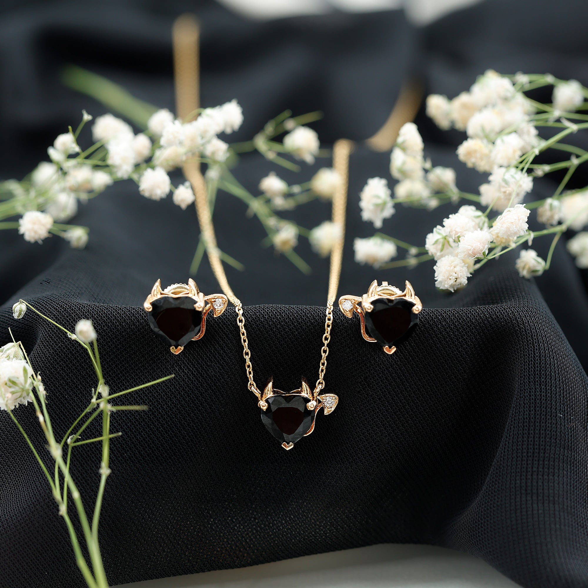 Heart Shape Lab Grown Black and White Diamond Devil Jewelry Set AAAA ( Synthetic ) - Rosec Jewels