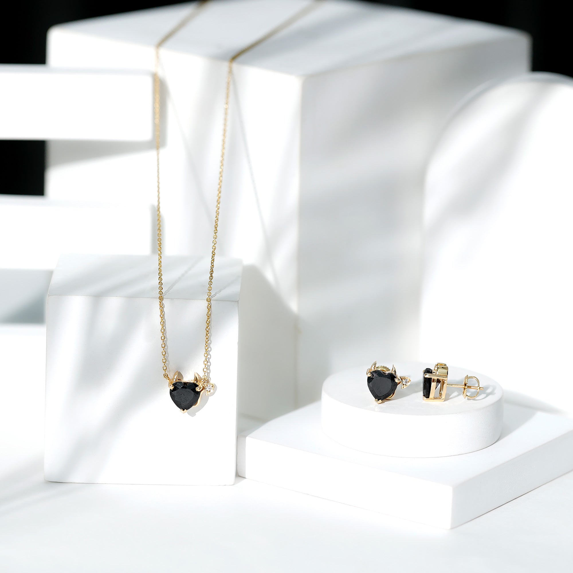 Heart Shape Lab Grown Black and White Diamond Devil Jewelry Set AAAA ( Synthetic ) - Rosec Jewels