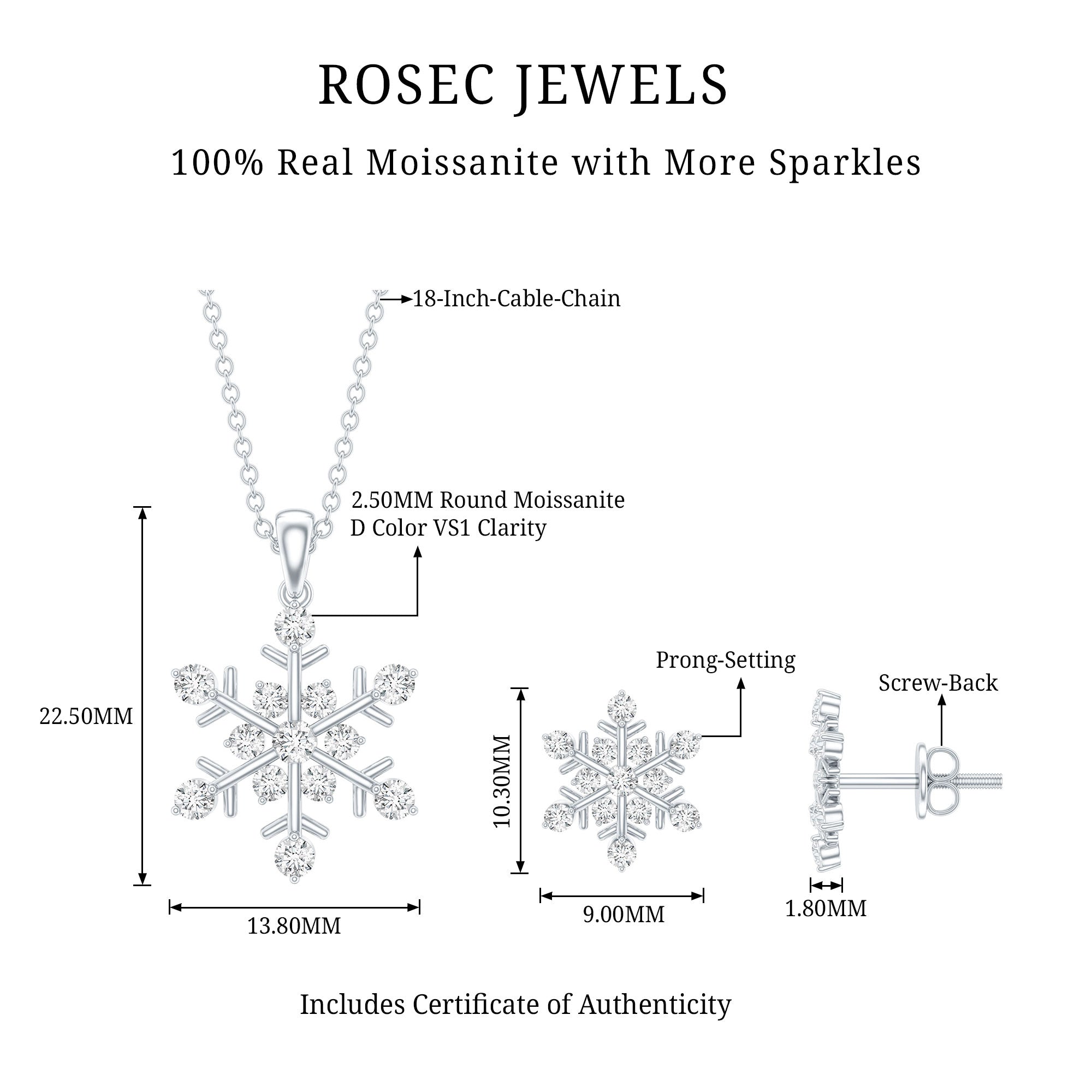 Certified Moissanite Snowflake Jewelry Set For Christmas D-VS1 - Rosec Jewels