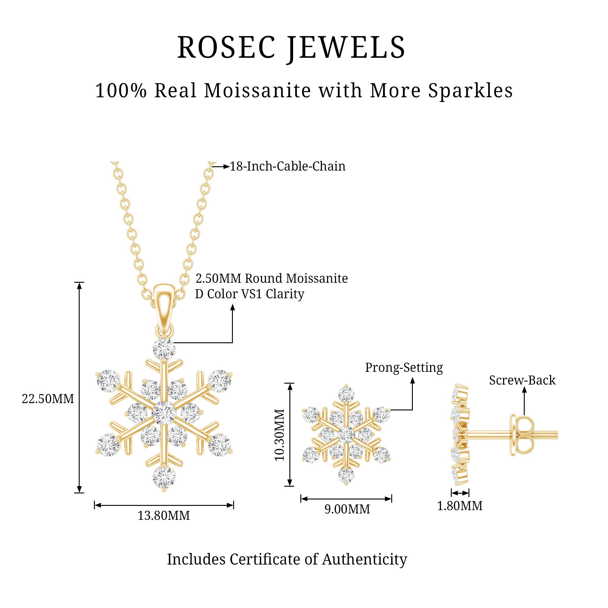 Certified Moissanite Snowflake Jewelry Set For Christmas D-VS1 - Rosec Jewels