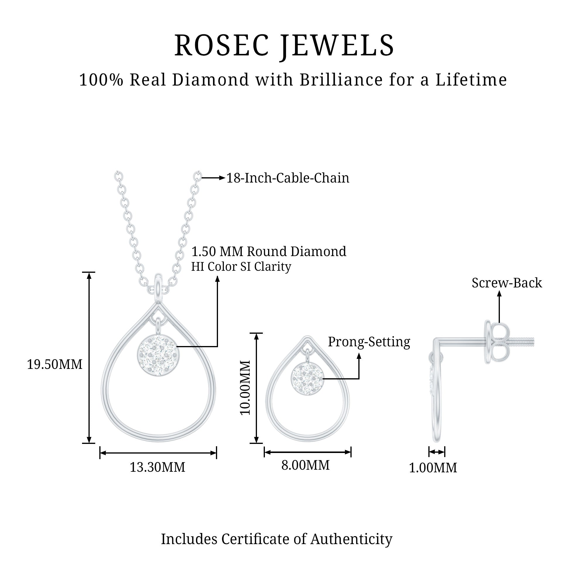 Diamond Wedding Necklace Earring Set for Bride Natural - ( HI-SI ) - Rosec Jewels