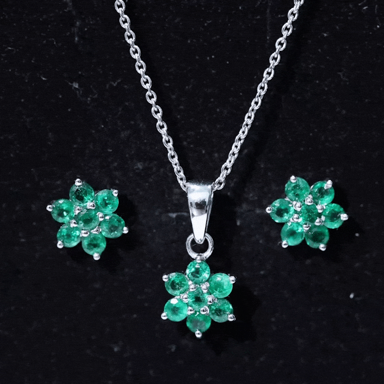 Genuine Round Cut Emerald Flower Necklace and Earrings Set AAA - Rosec Jewels