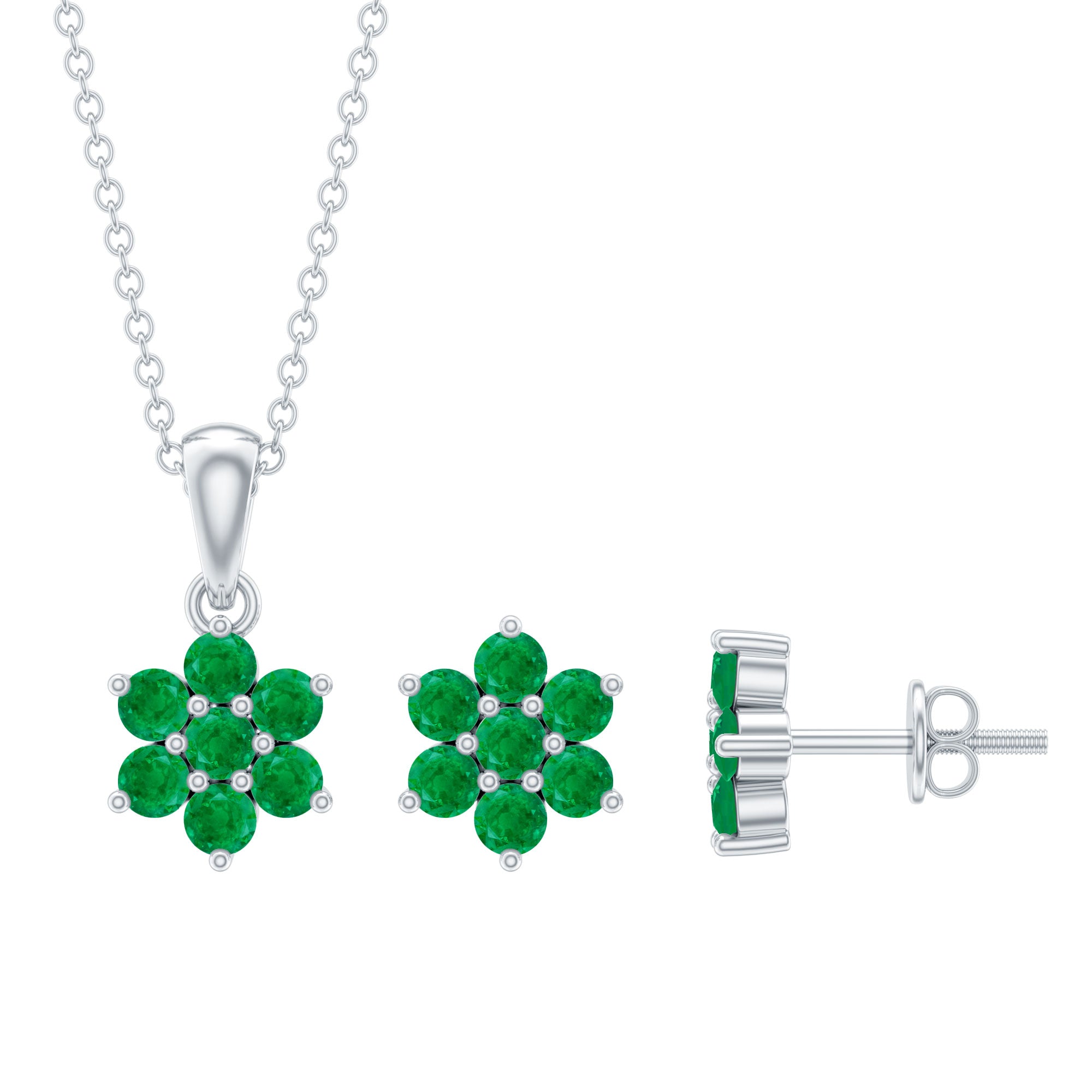 Genuine Round Cut Emerald Flower Necklace and Earrings Set AAA - Rosec Jewels