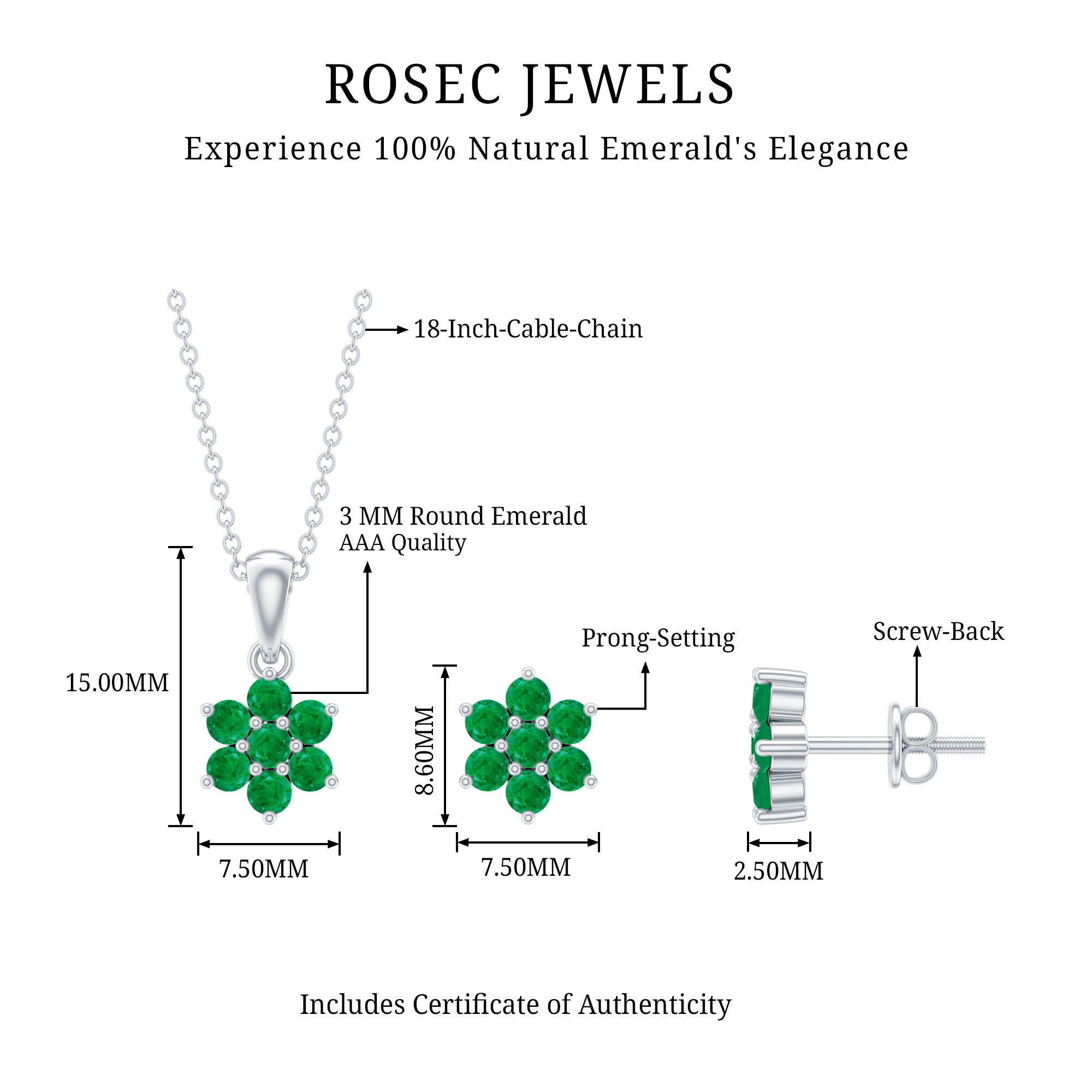 Genuine Round Cut Emerald Flower Necklace and Earrings Set AAA - Rosec Jewels