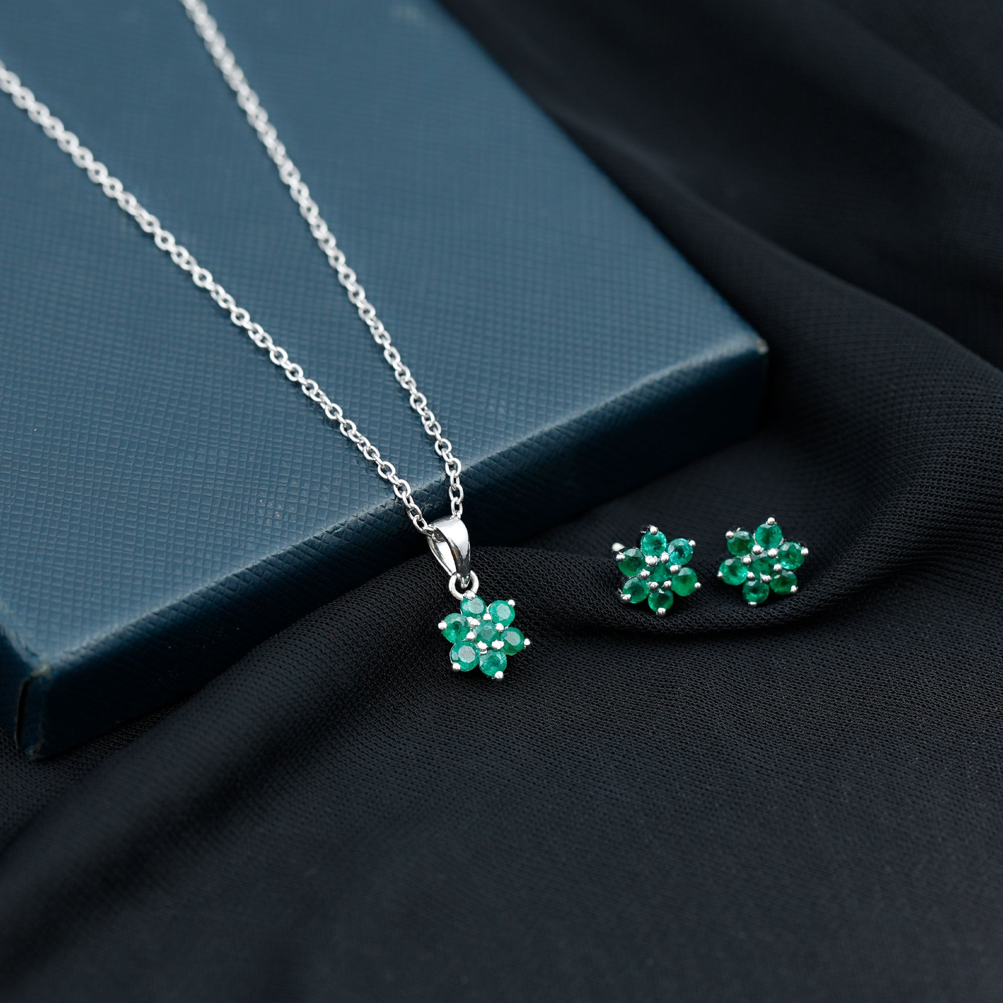 Genuine Round Cut Emerald Flower Necklace and Earrings Set AAA - Rosec Jewels