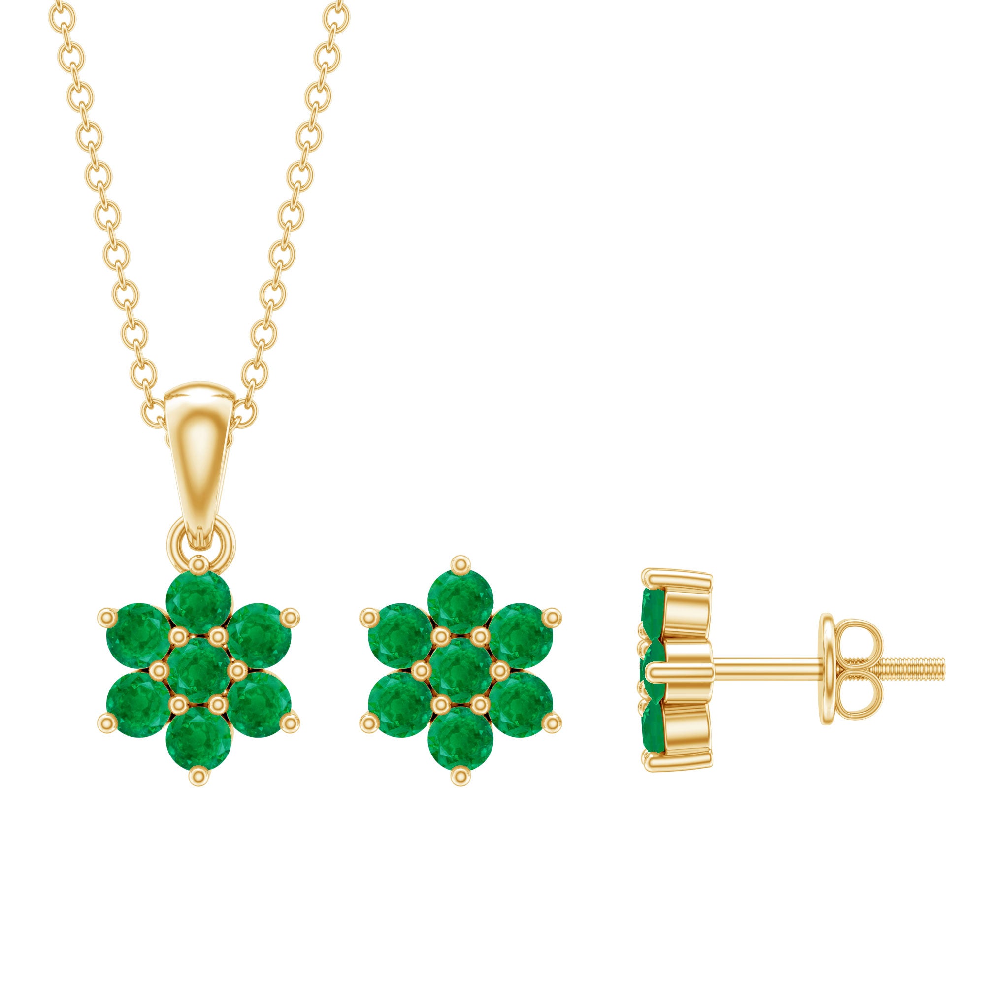 Genuine Round Cut Emerald Flower Necklace and Earrings Set AAA - Rosec Jewels