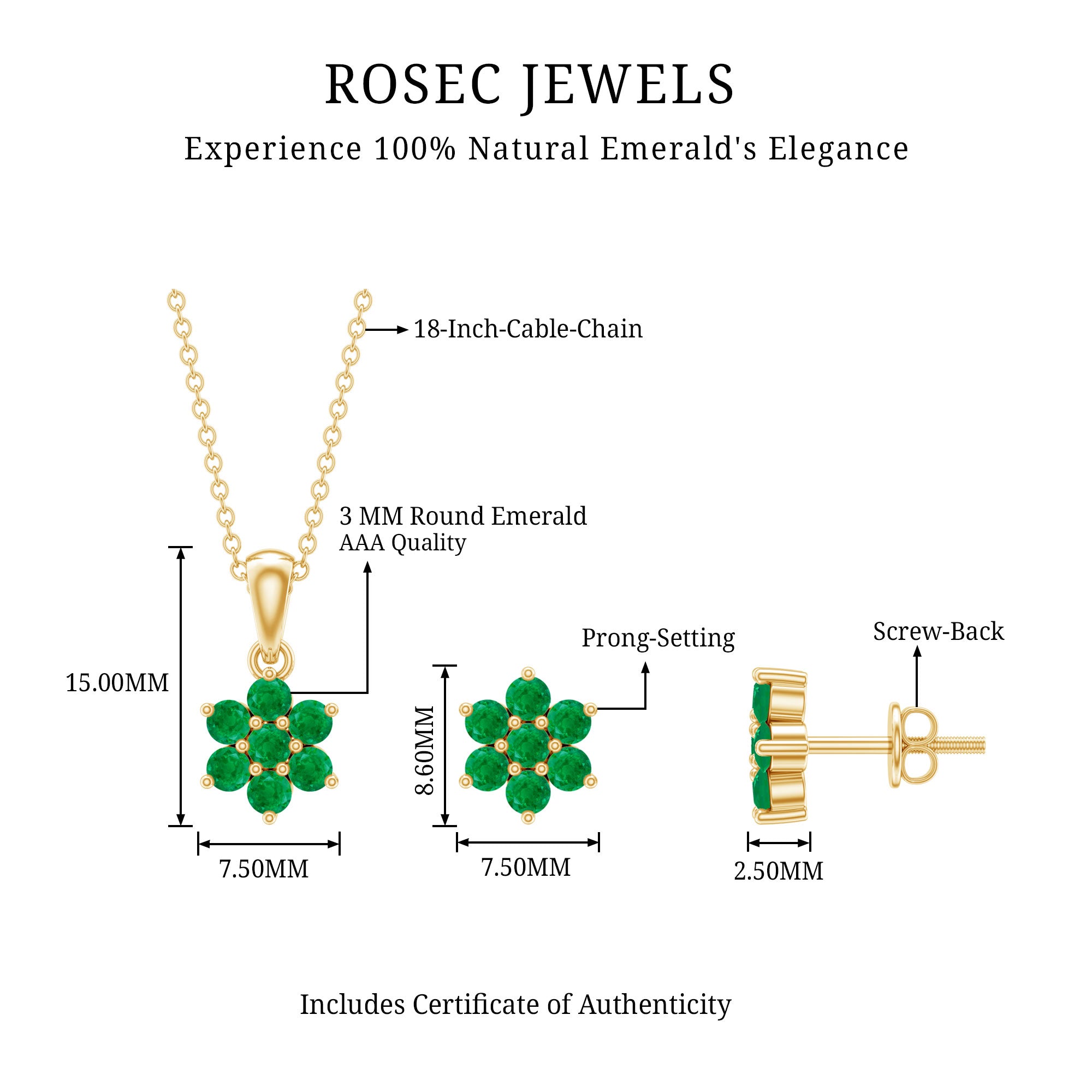 Genuine Round Cut Emerald Flower Necklace and Earrings Set AAA - Rosec Jewels