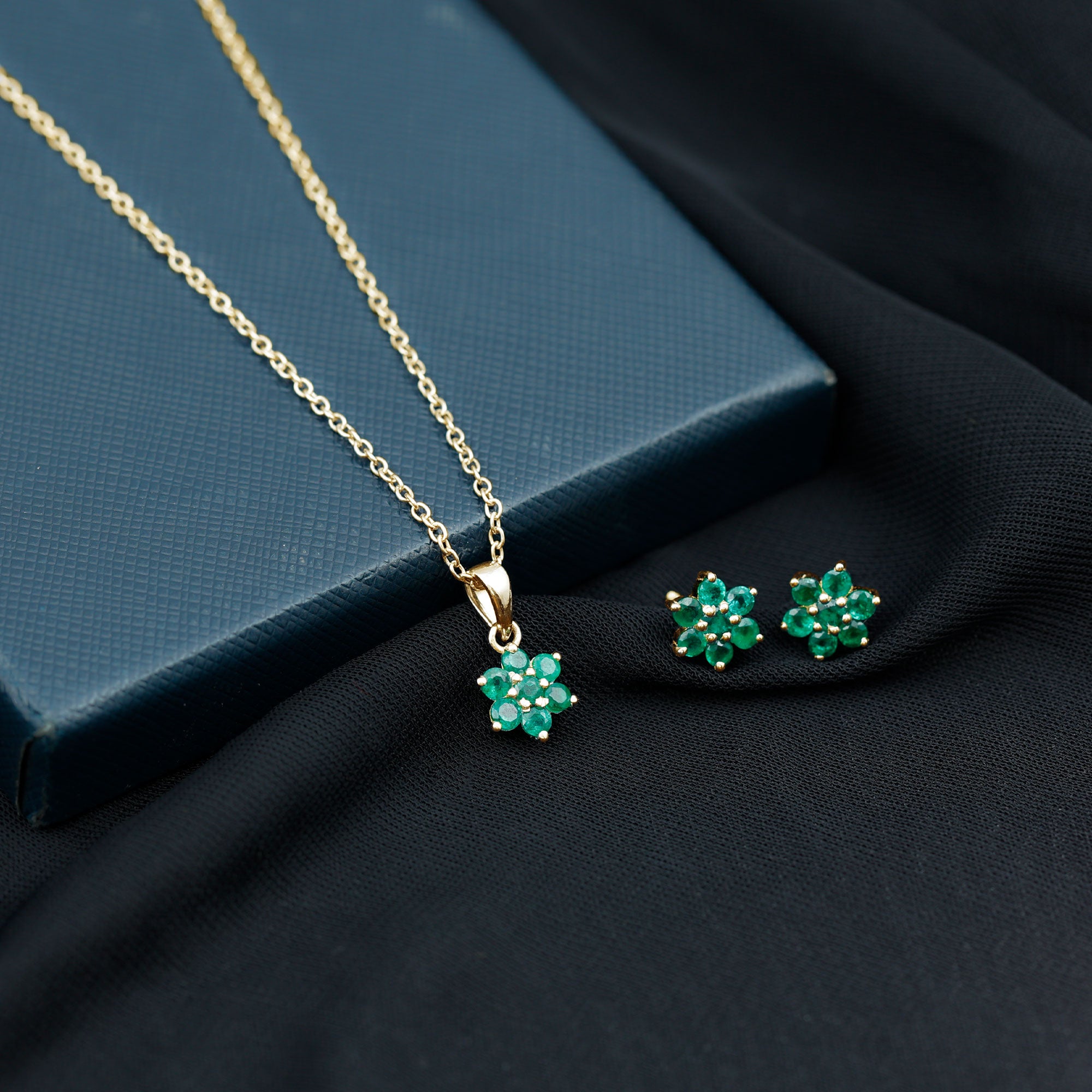 Genuine Round Cut Emerald Flower Necklace and Earrings Set AAA - Rosec Jewels