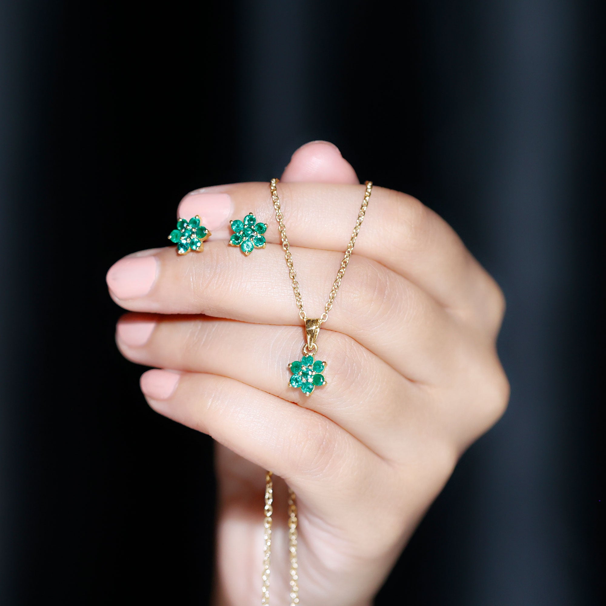Genuine Round Cut Emerald Flower Necklace and Earrings Set AAA - Rosec Jewels