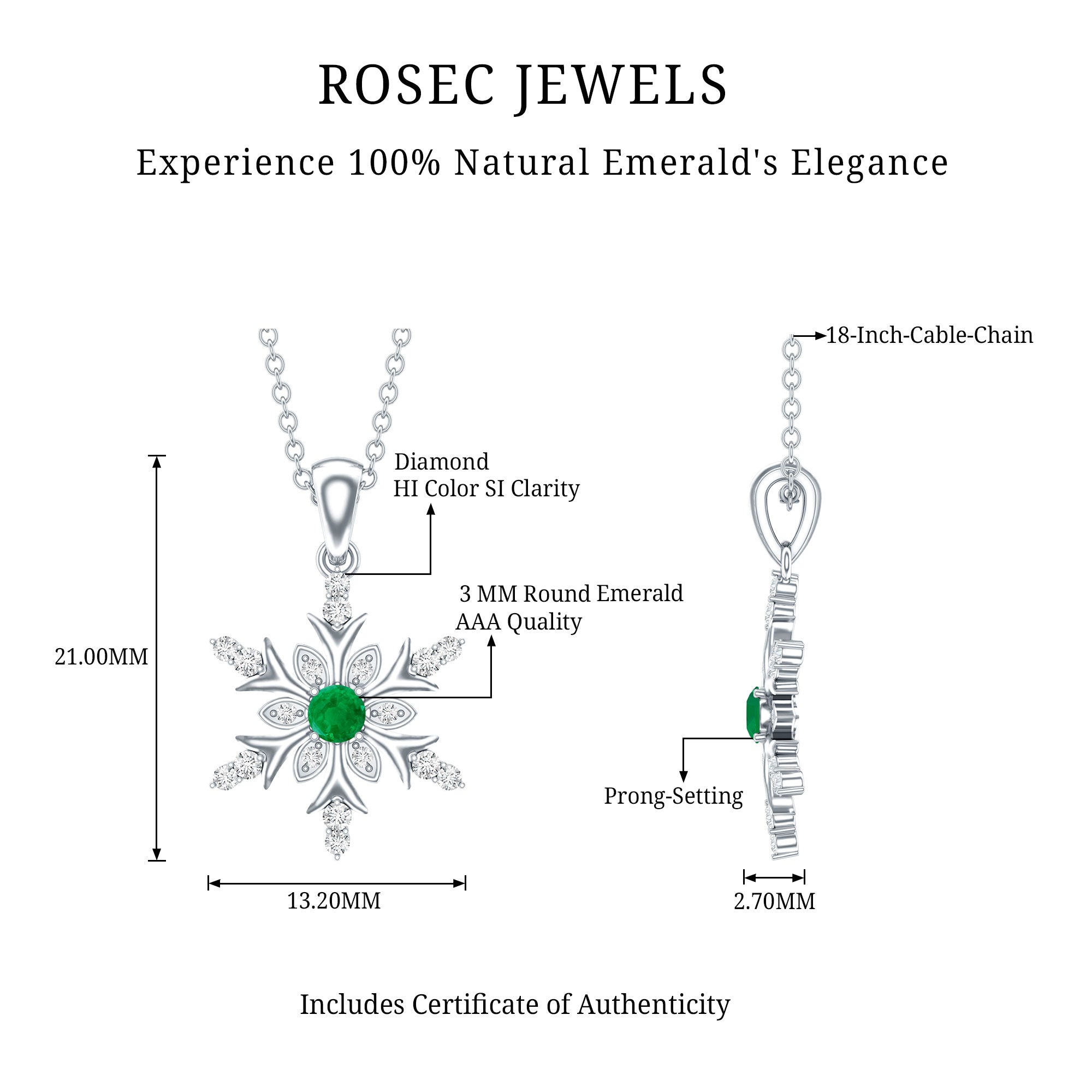 Emerald Snowflake Pendant Necklace with Diamond AAA - Rosec Jewels