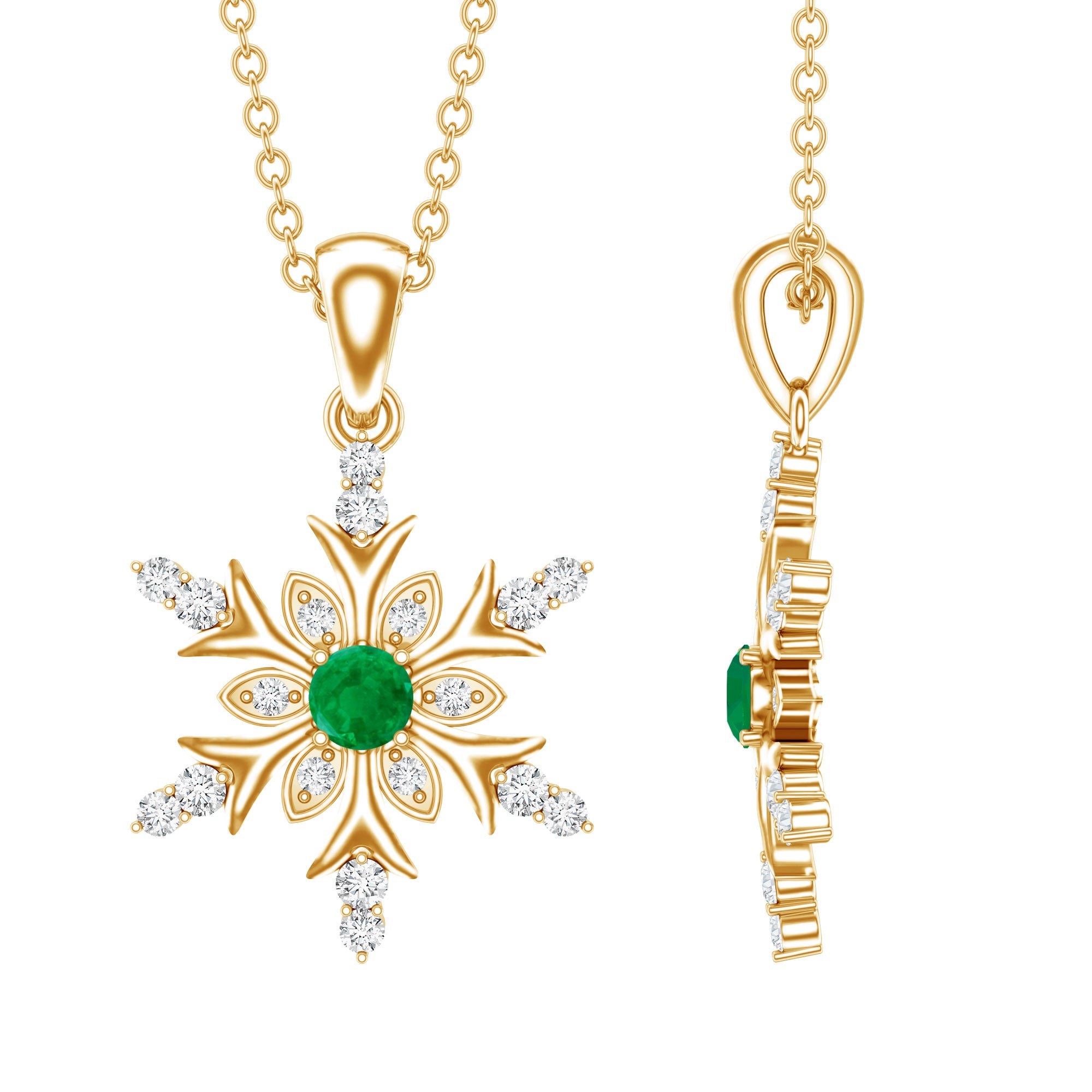 Emerald Snowflake Pendant Necklace with Diamond AAA - Rosec Jewels