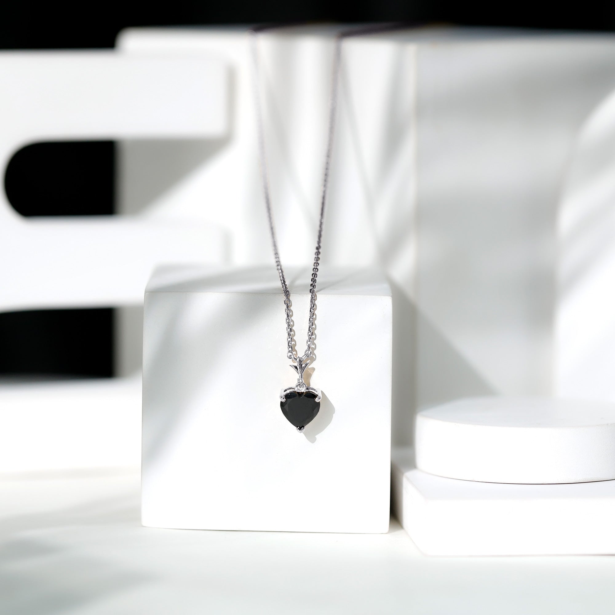 Lab Created Black Diamond Heart Shape Necklace With Chain AAAA ( Synthetic ) - Rosec Jewels