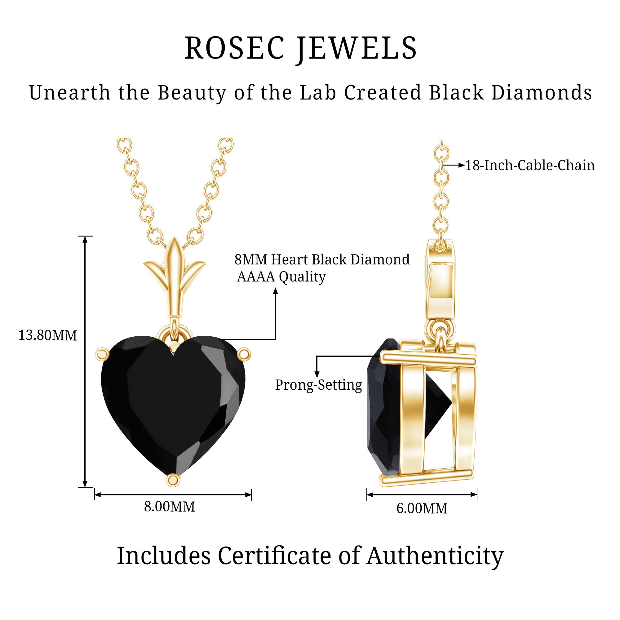 Lab Created Black Diamond Heart Shape Necklace With Chain AAAA ( Synthetic ) - Rosec Jewels