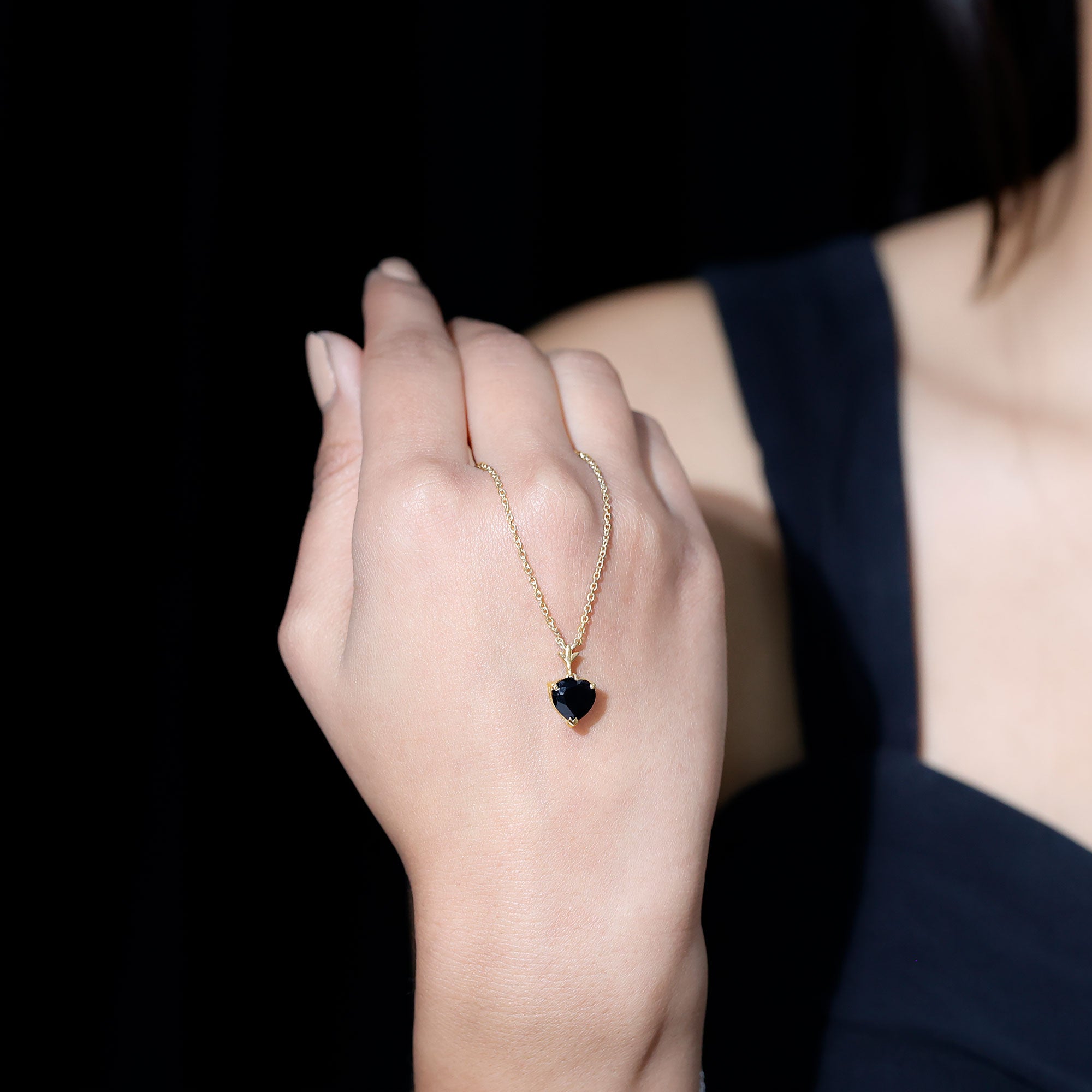 Lab Created Black Diamond Heart Shape Necklace With Chain AAAA ( Synthetic ) - Rosec Jewels