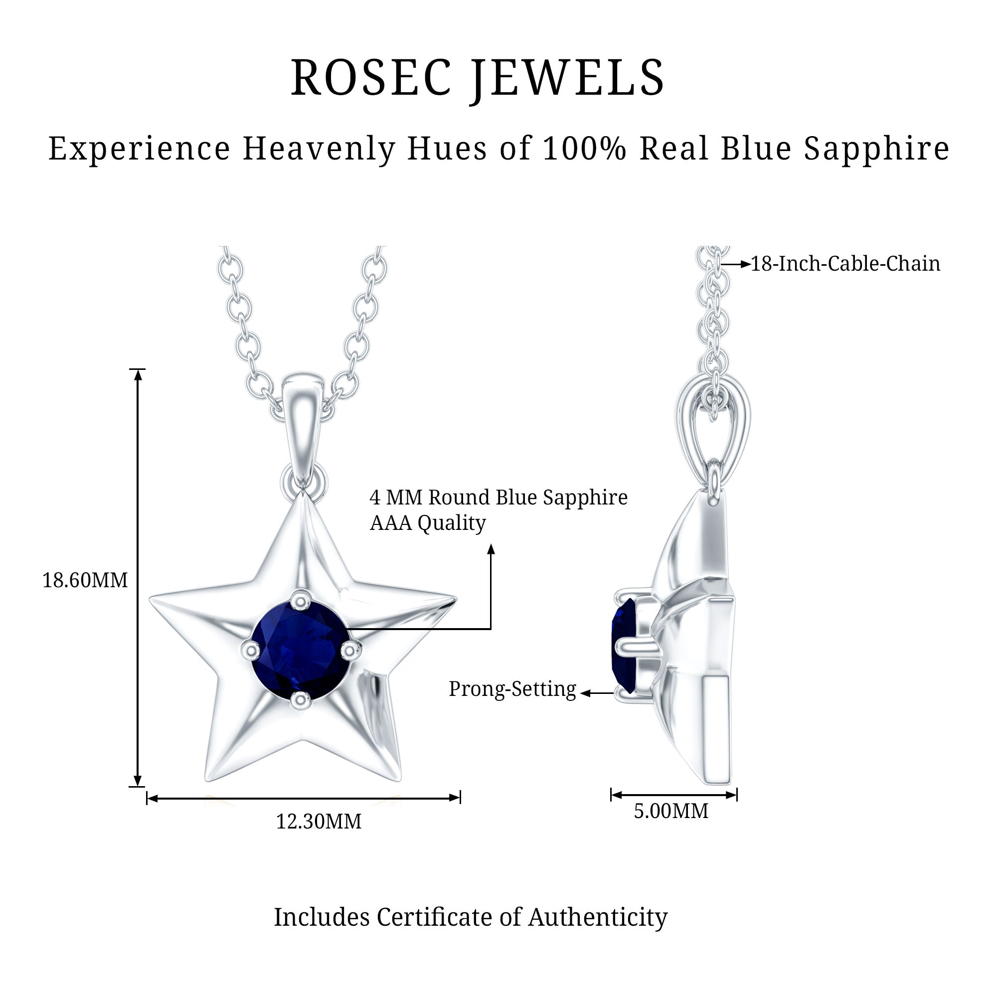 Natural Blue Sapphire Star Pendant Necklace for Women AAA - Rosec Jewels
