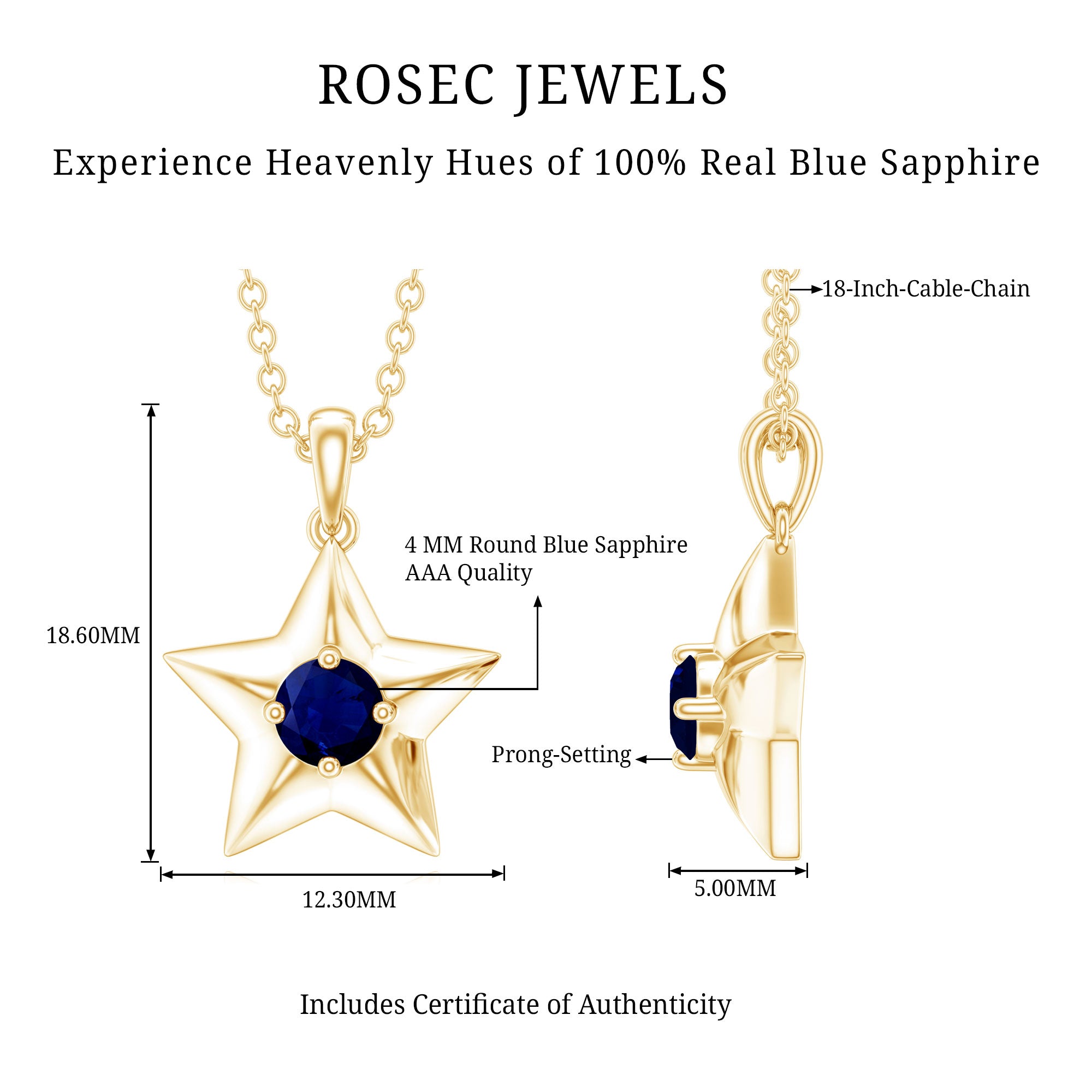 Natural Blue Sapphire Star Pendant Necklace for Women AAA - Rosec Jewels