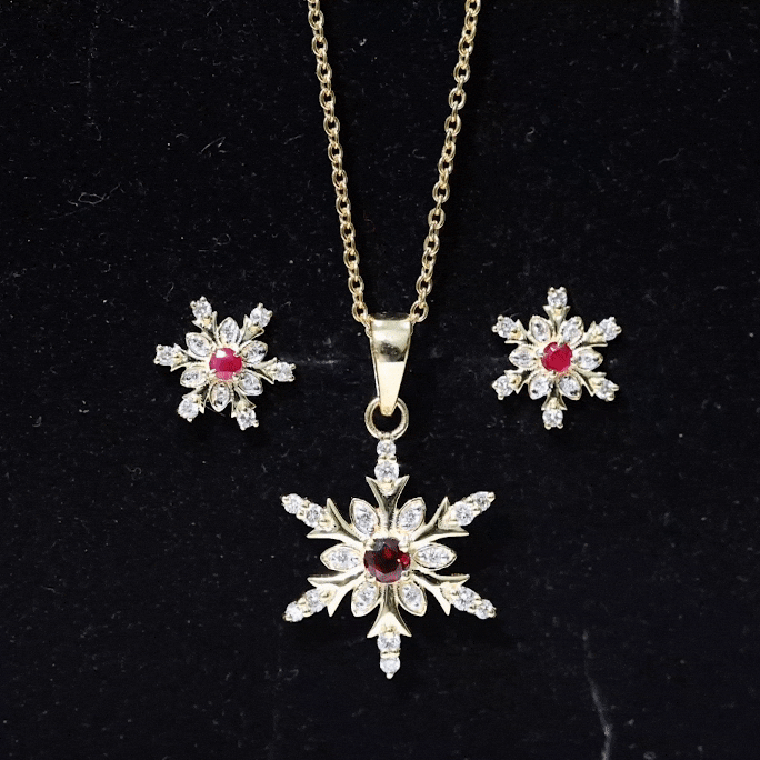 Lab Grown Ruby and Diamond Snowflake Necklace With Earrings AAAA - Rosec Jewels