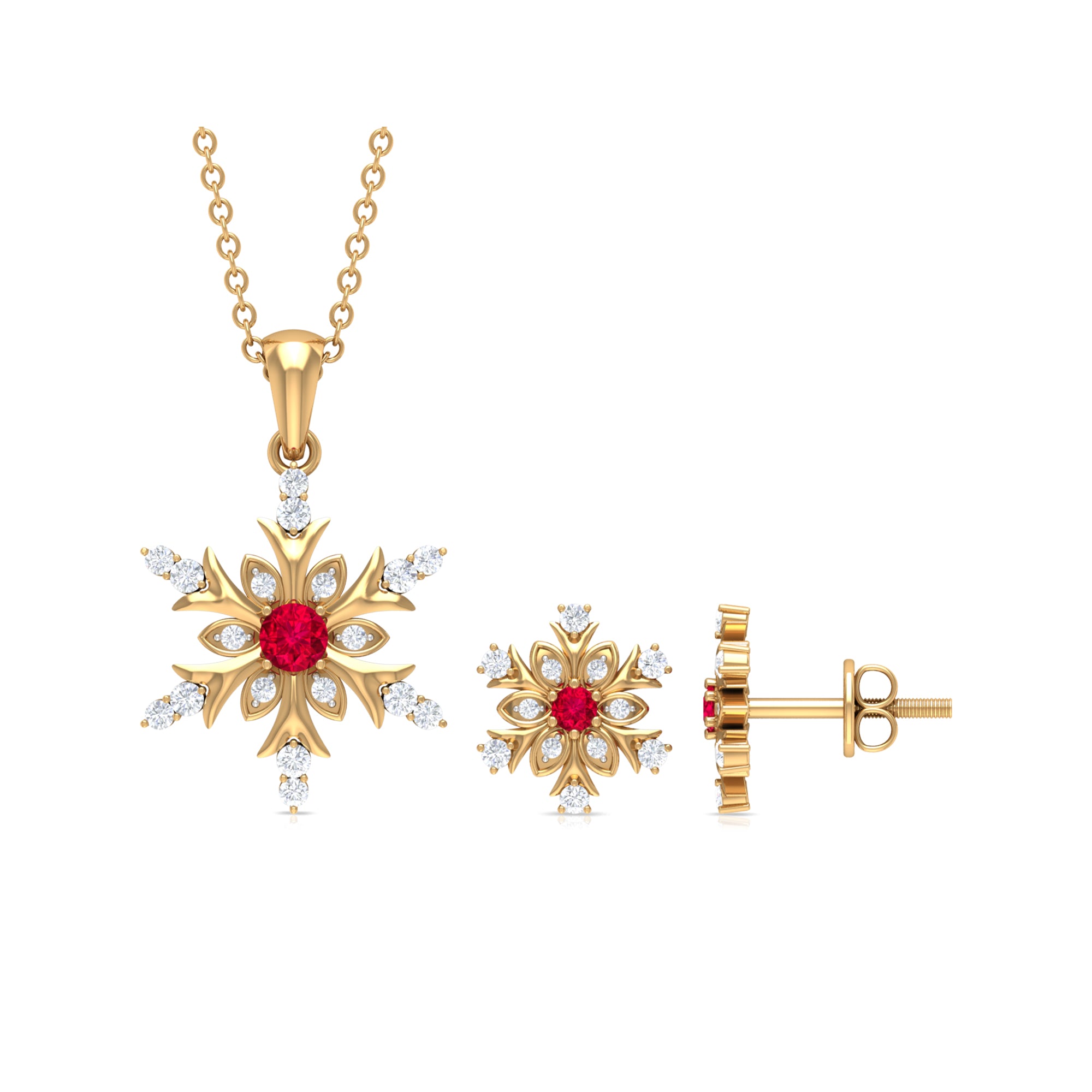 Lab Grown Ruby and Diamond Snowflake Necklace With Earrings AAAA - Rosec Jewels