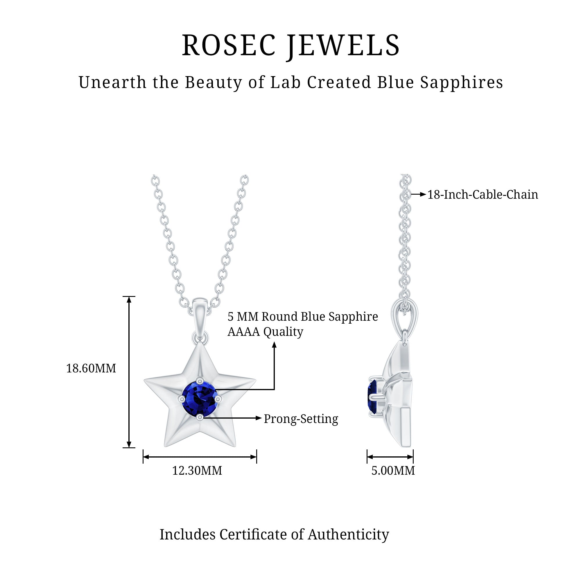 Lab Created Blue Sapphire Star Of David Necklace AAAA - Rosec Jewels