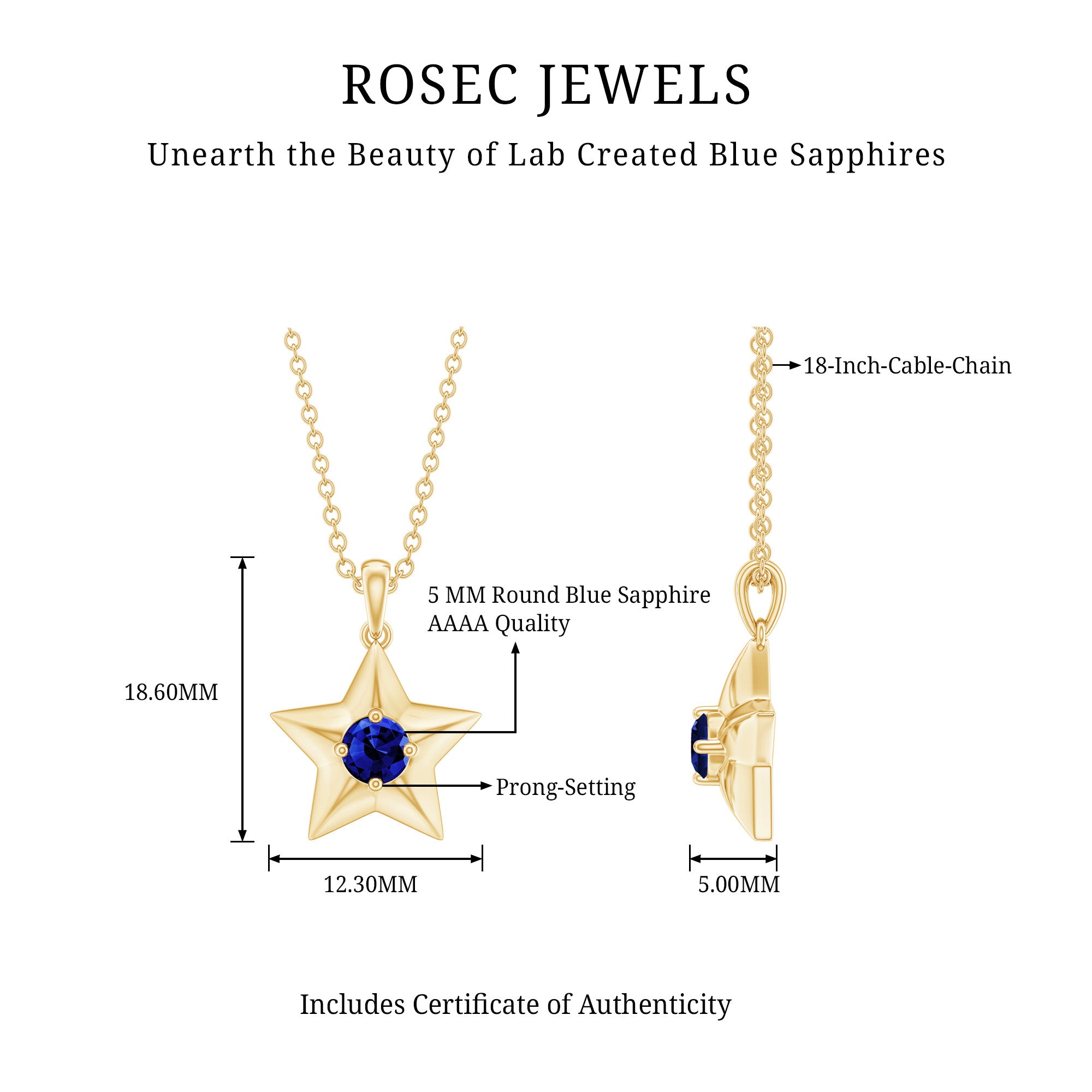 Lab Created Blue Sapphire Star Of David Necklace AAAA - Rosec Jewels