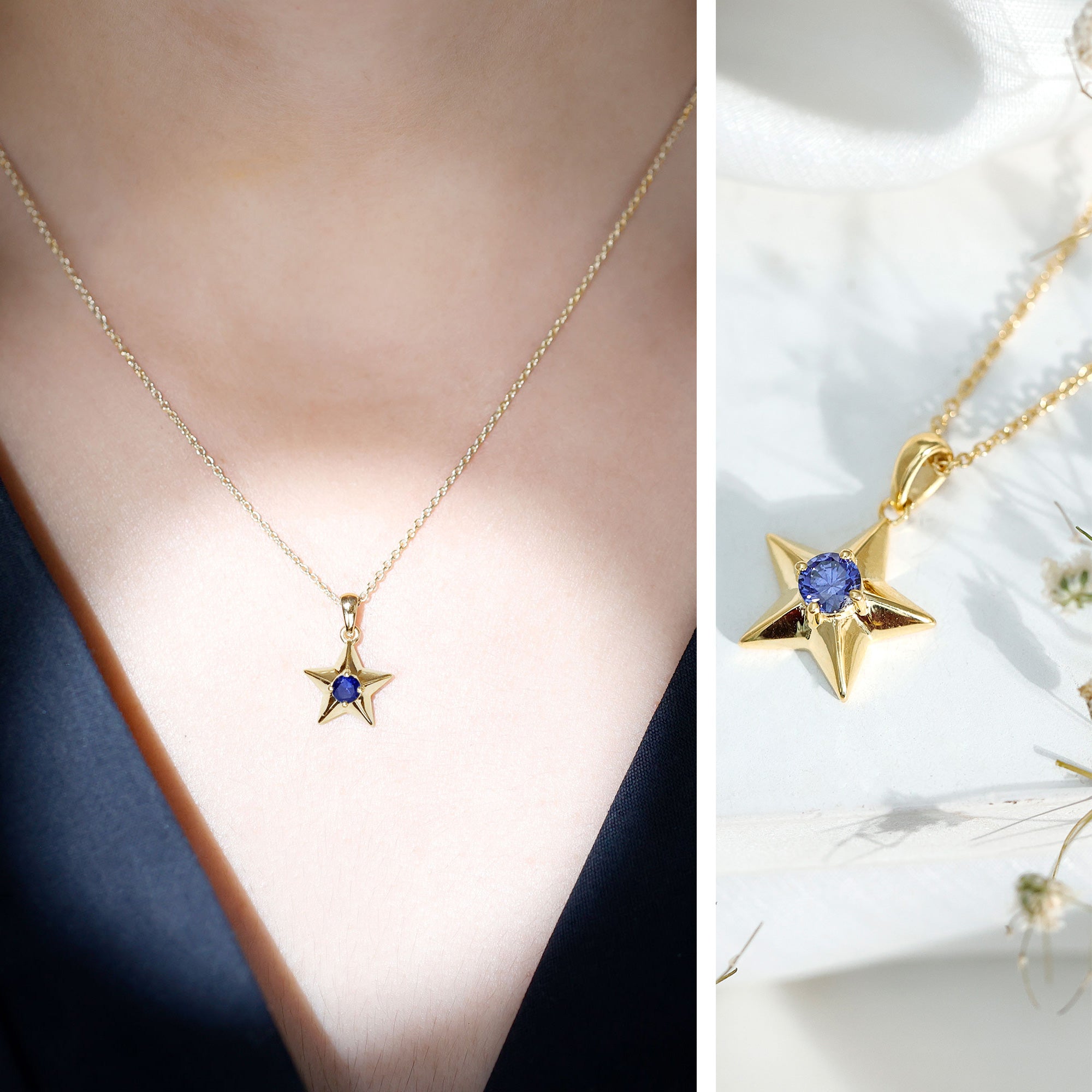 Lab Created Blue Sapphire Star Of David Necklace AAAA - Rosec Jewels