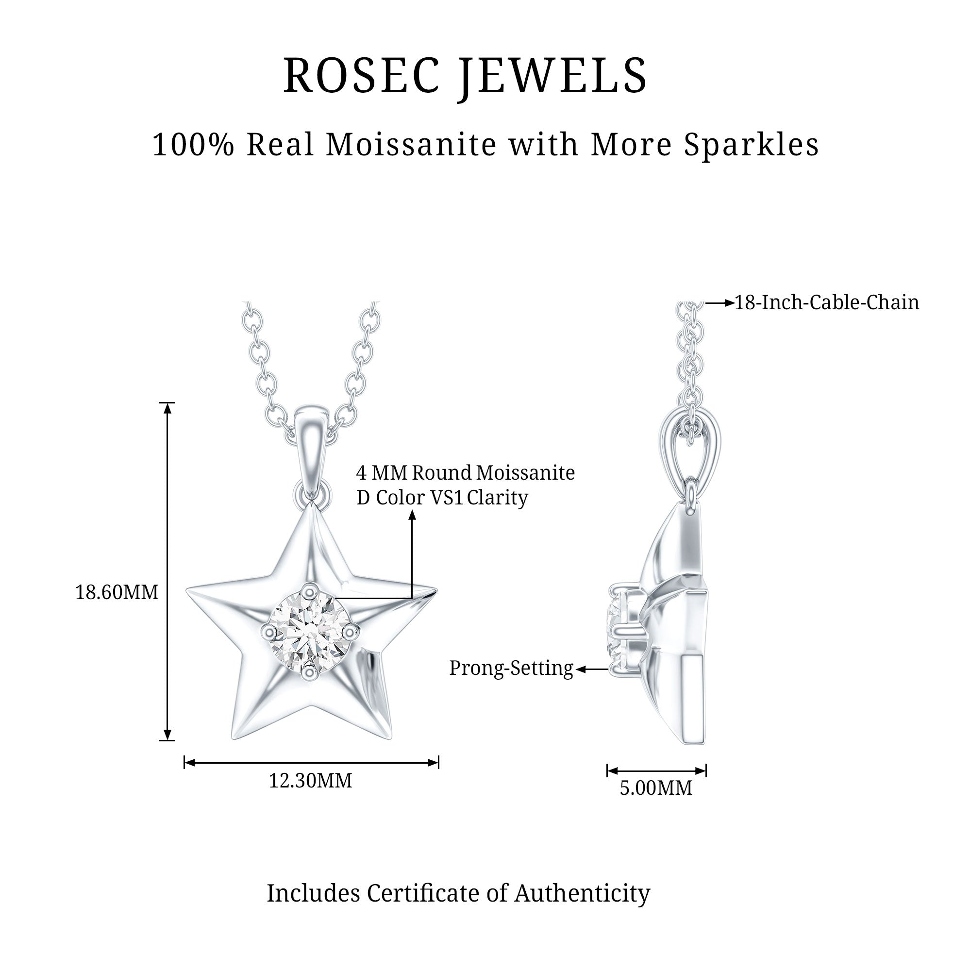 Certified Moissanite Star Pendant Necklace with Chain D-VS1 - Rosec Jewels