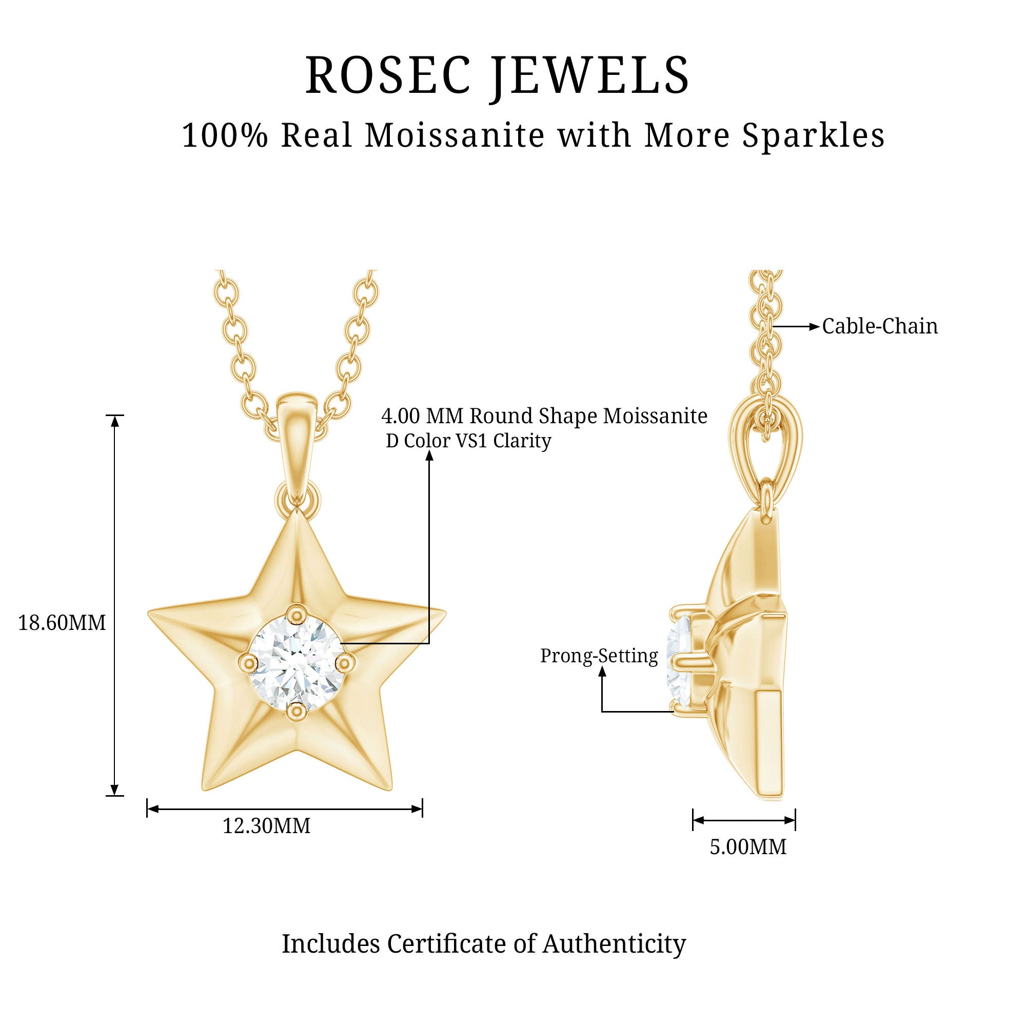 Certified Moissanite Star Pendant Necklace with Chain D-VS1 - Rosec Jewels