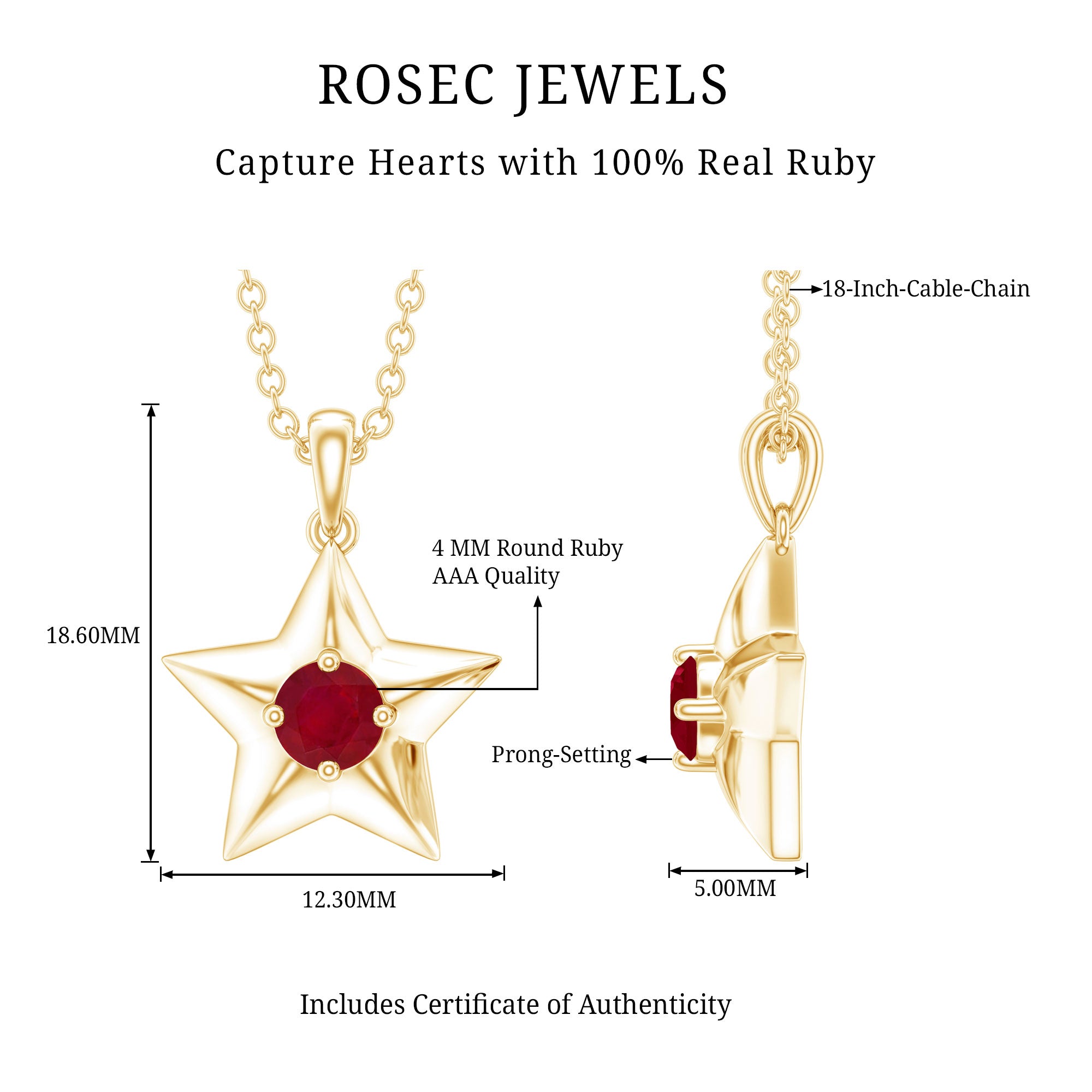 Genuine Ruby Star Pendant for Women AAA - Rosec Jewels