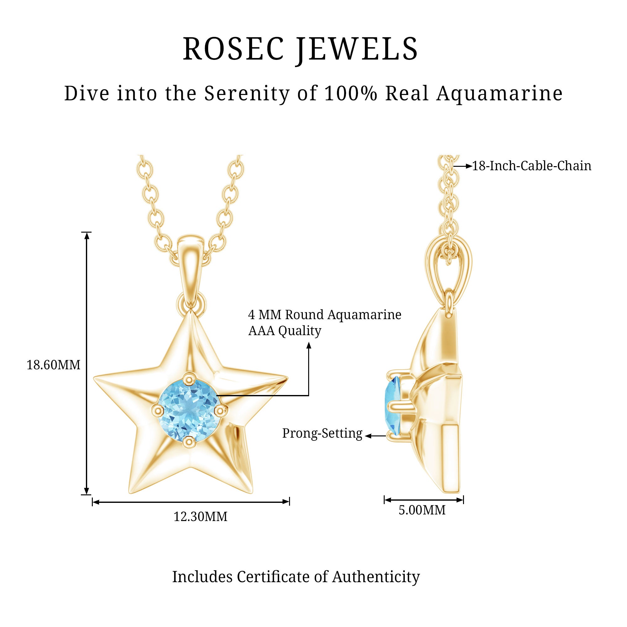 Natural Aquamarine Star of David Necklace for Women AAA - Rosec Jewels