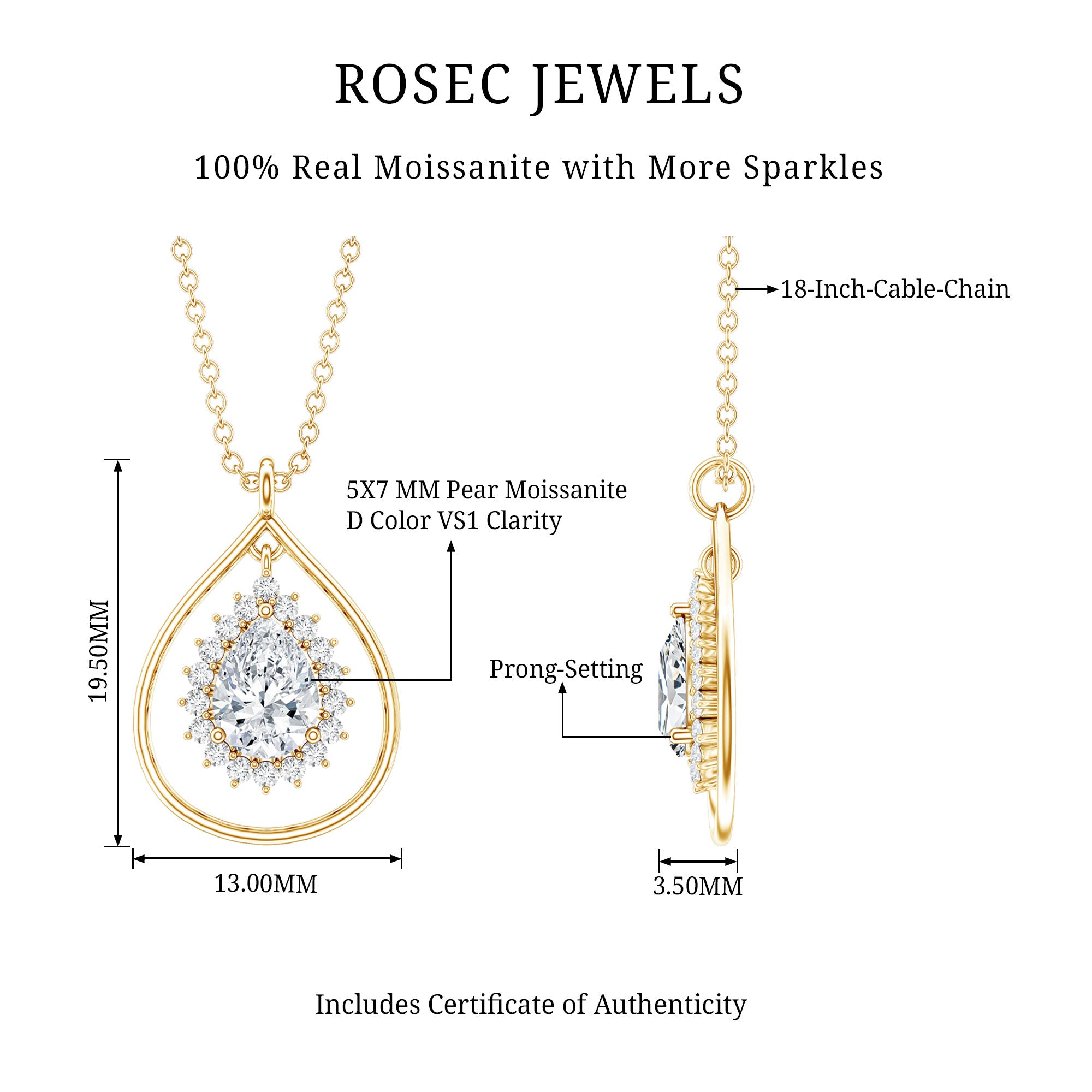 Certified 0.7 Carat Moissanite Teardrop Pendant Necklace D-VS1 - Rosec Jewels