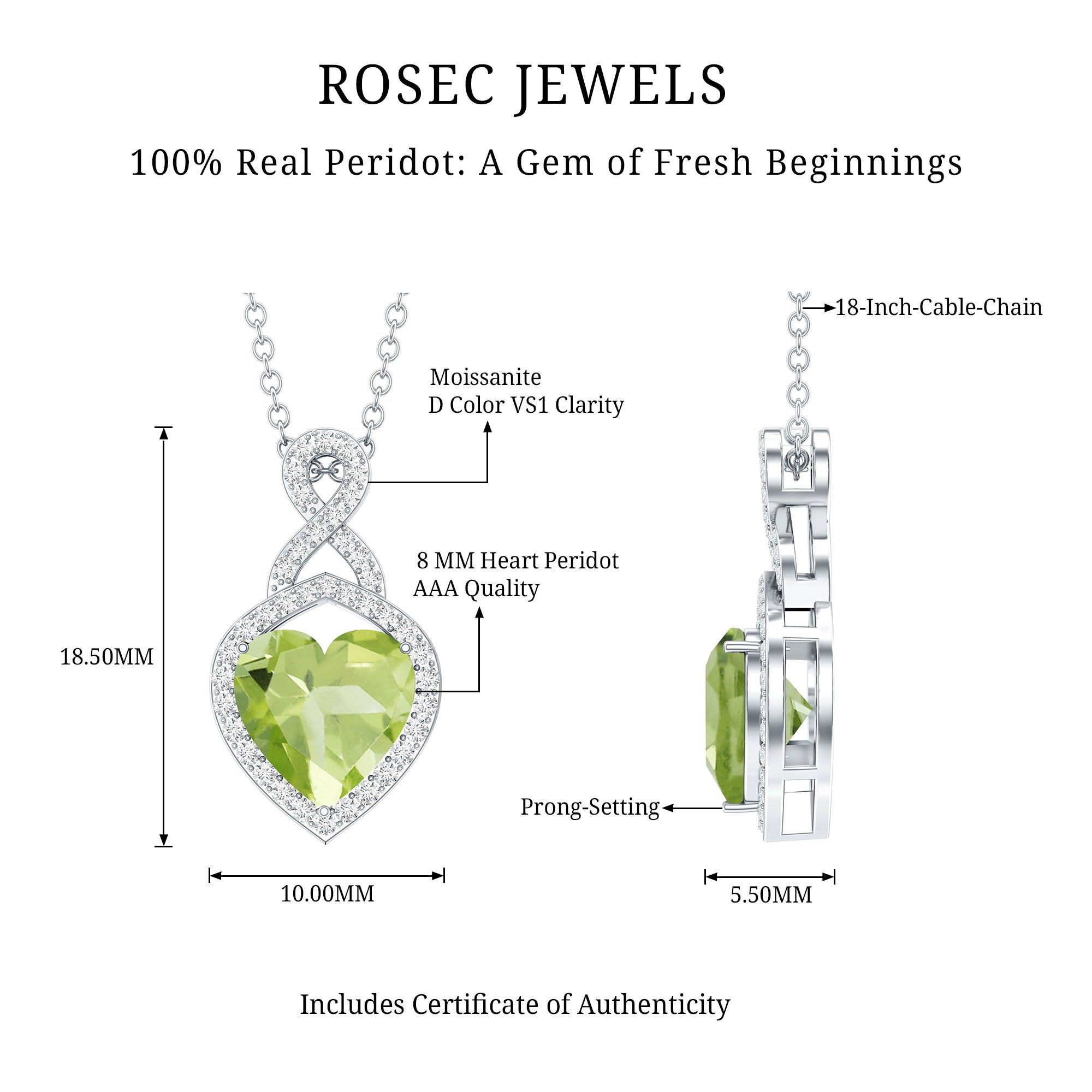 2 Carat Heart Shape Peridot Infinity Pendant with Moissanite AAA - Rosec Jewels
