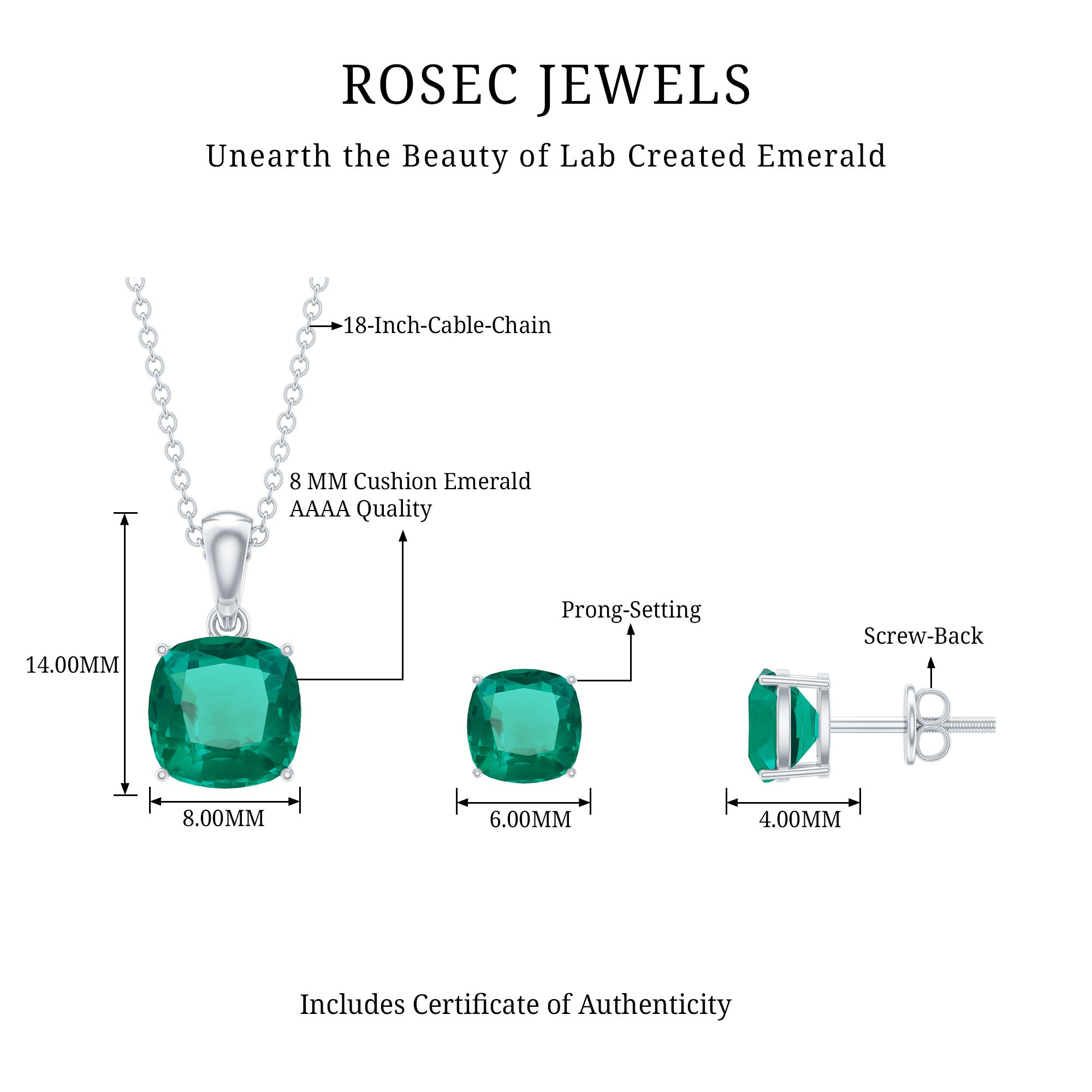 Certified Lab Grown Emerald Solitaire Jewelry Set AAAA - Rosec Jewels