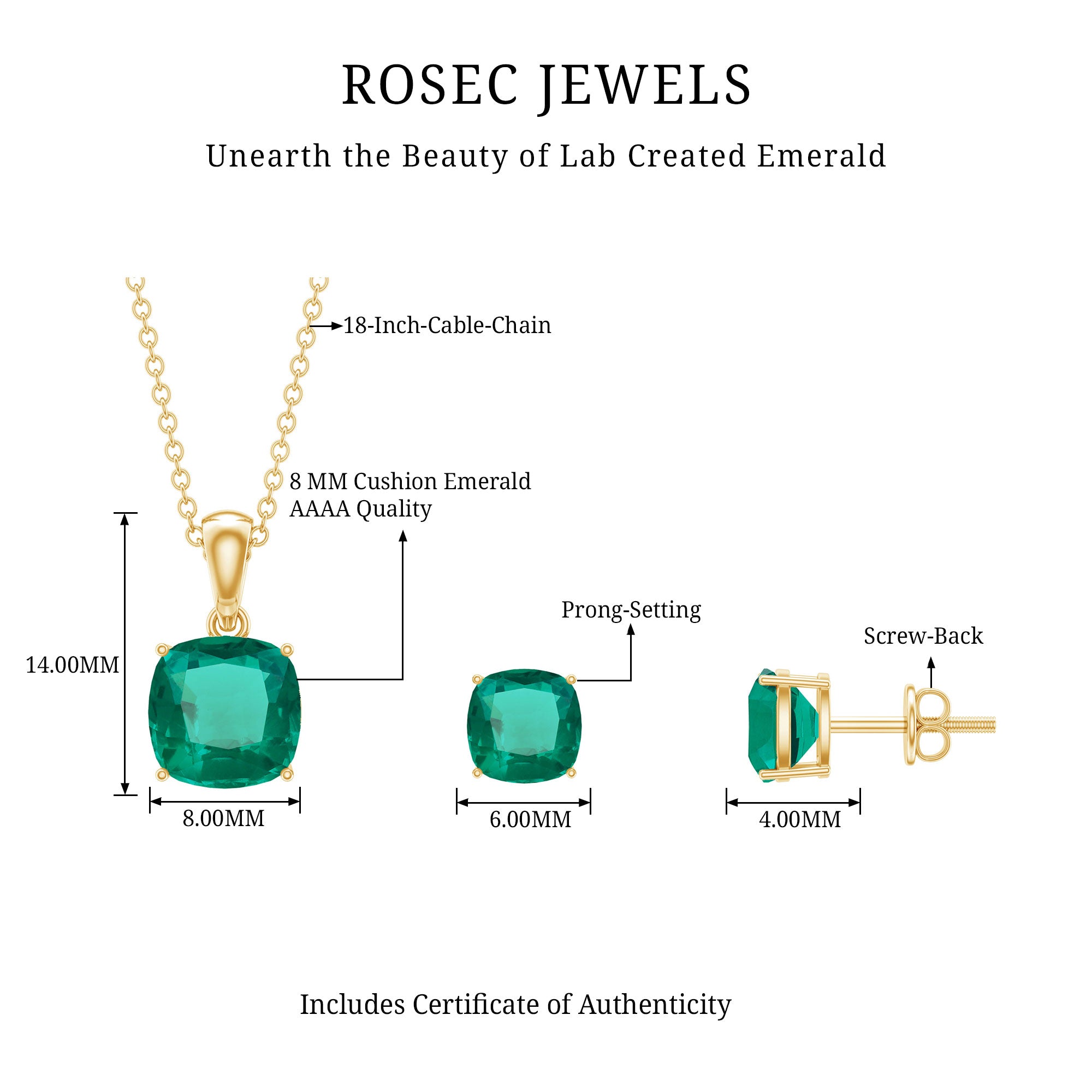 Certified Lab Grown Emerald Solitaire Jewelry Set AAAA - Rosec Jewels