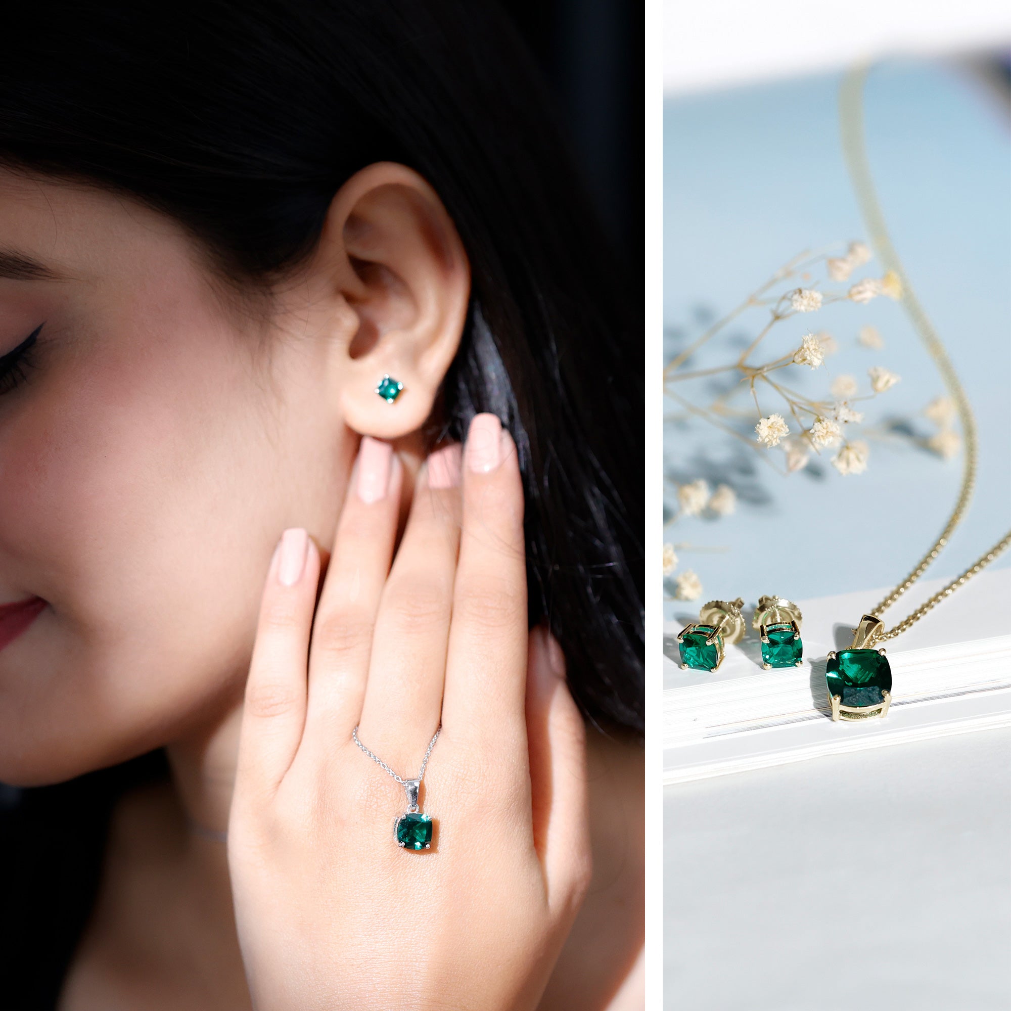 Certified Lab Grown Emerald Solitaire Jewelry Set AAAA - Rosec Jewels