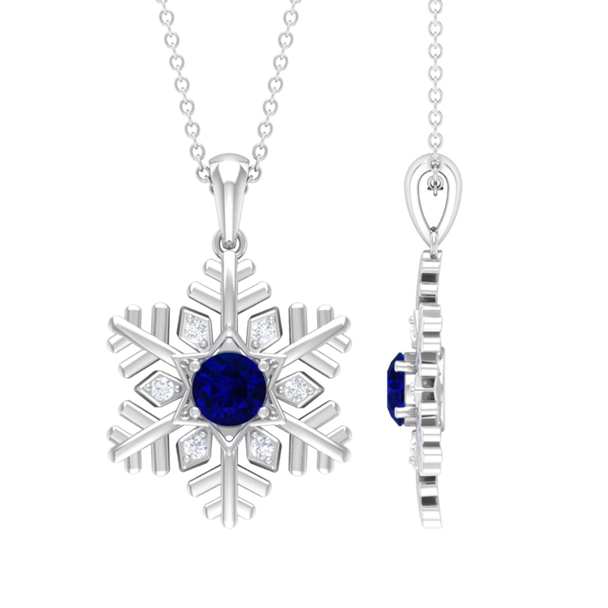Real Blue Sapphire and Diamond Snowflake Pendant Necklace