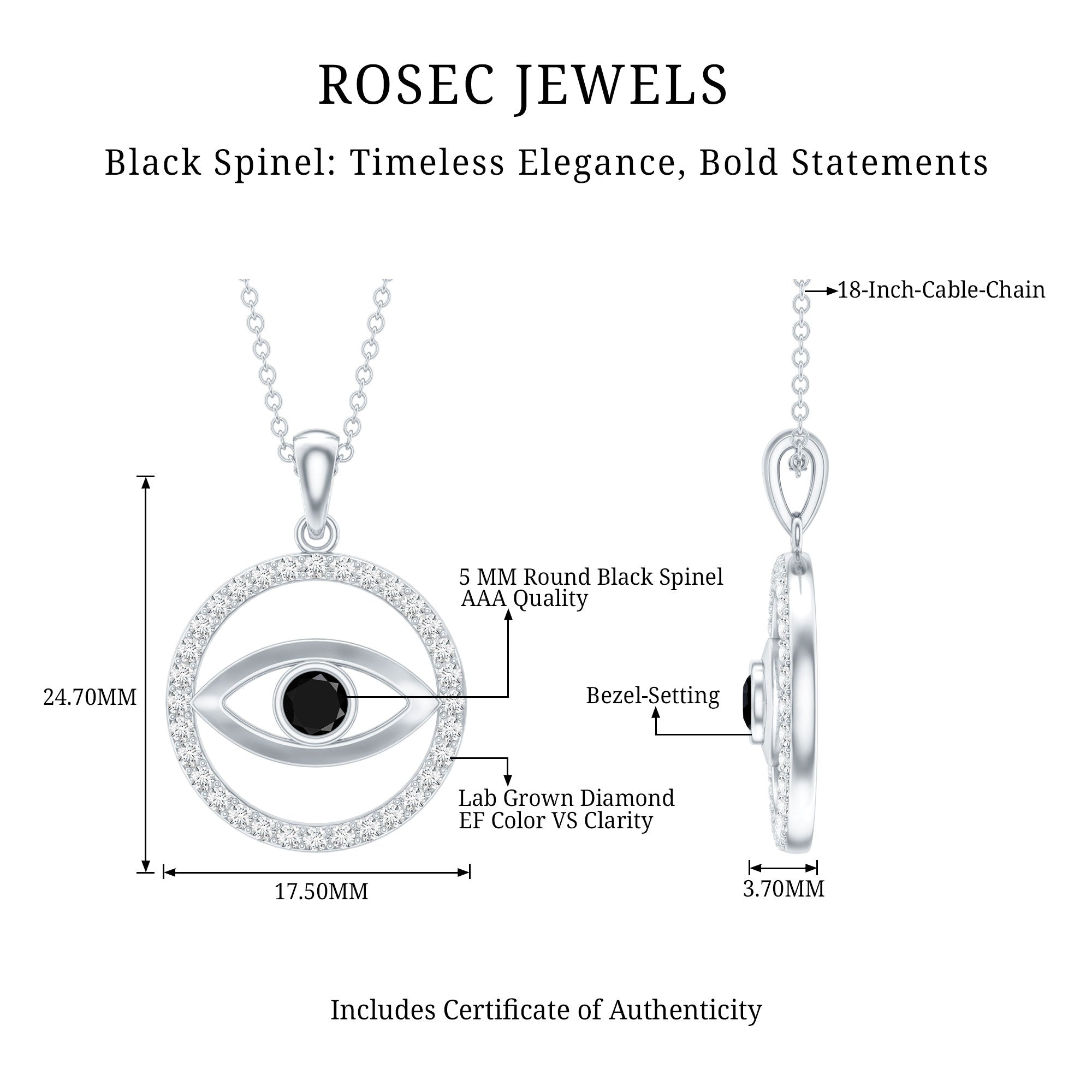 Black Spinel Evil Eye Pendant with Diamond Eternity AAA - Rosec Jewels