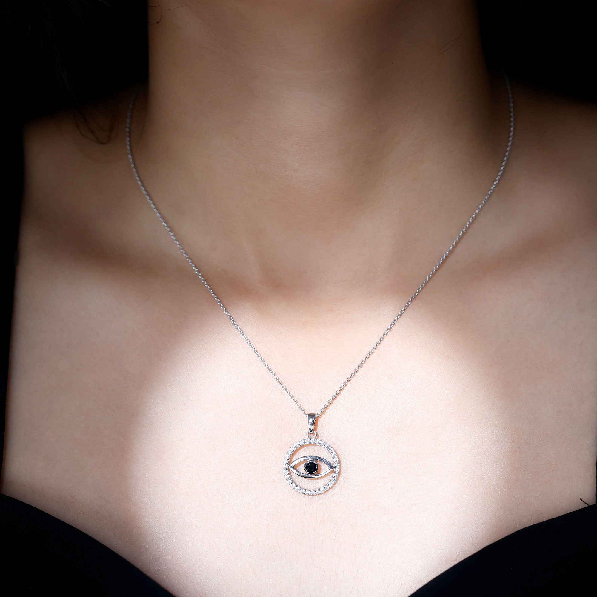 Black Spinel Evil Eye Pendant with Diamond Eternity AAA - Rosec Jewels
