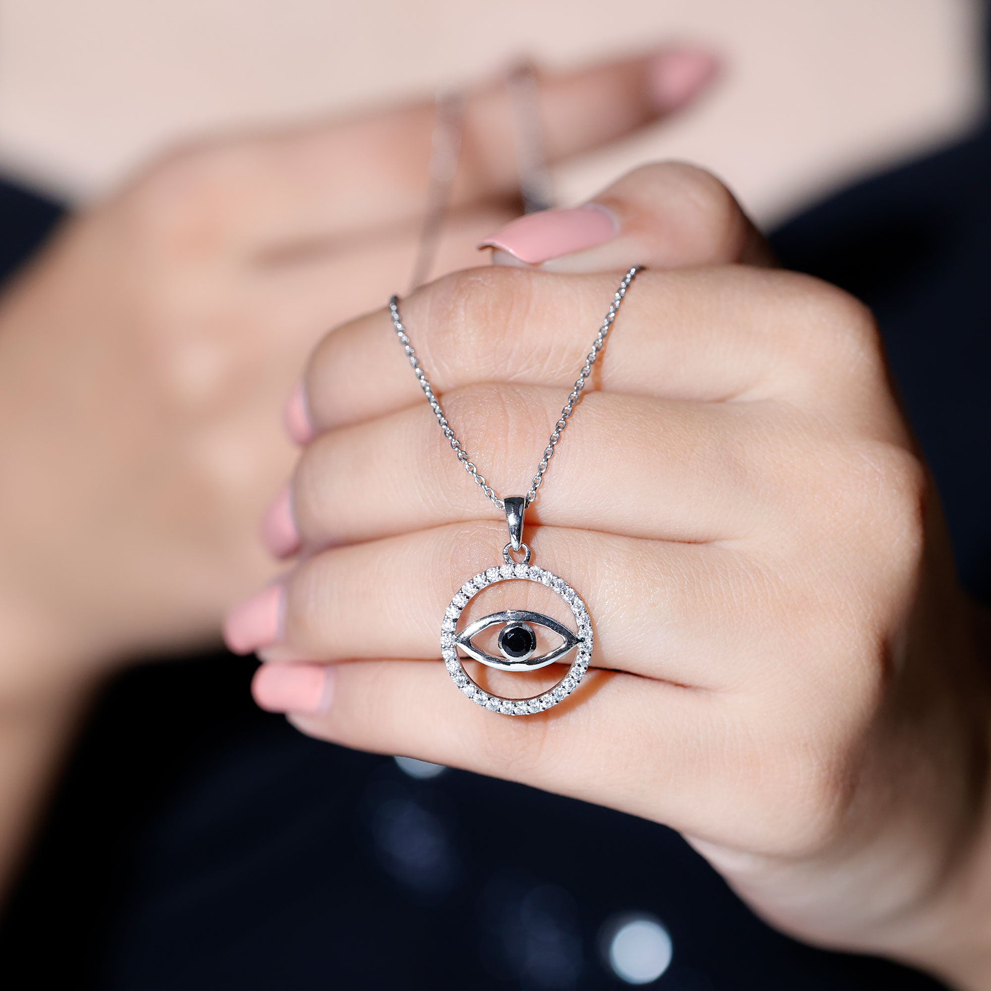 Black Spinel Evil Eye Pendant with Diamond Eternity AAA - Rosec Jewels