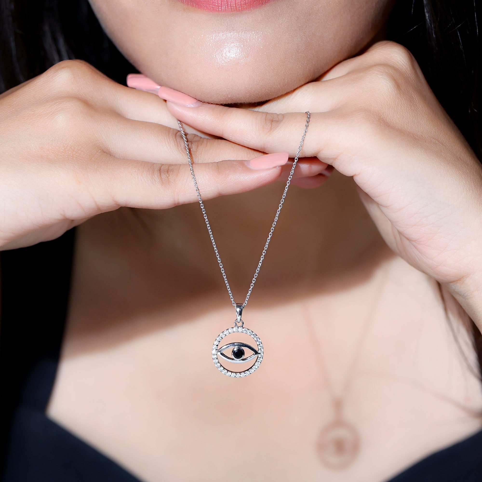 Black Spinel Evil Eye Pendant with Diamond Eternity AAA - Rosec Jewels