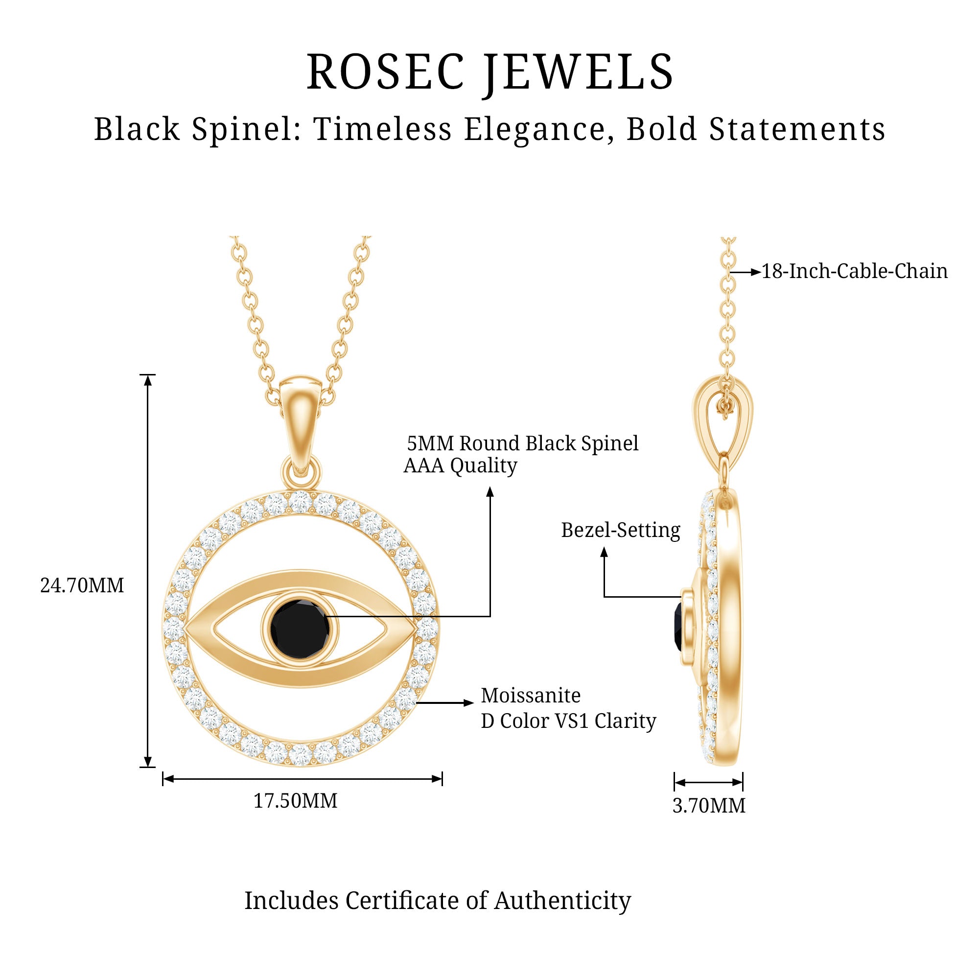 Black Spinel Evil Eye Pendant with Diamond Eternity AAA - Rosec Jewels