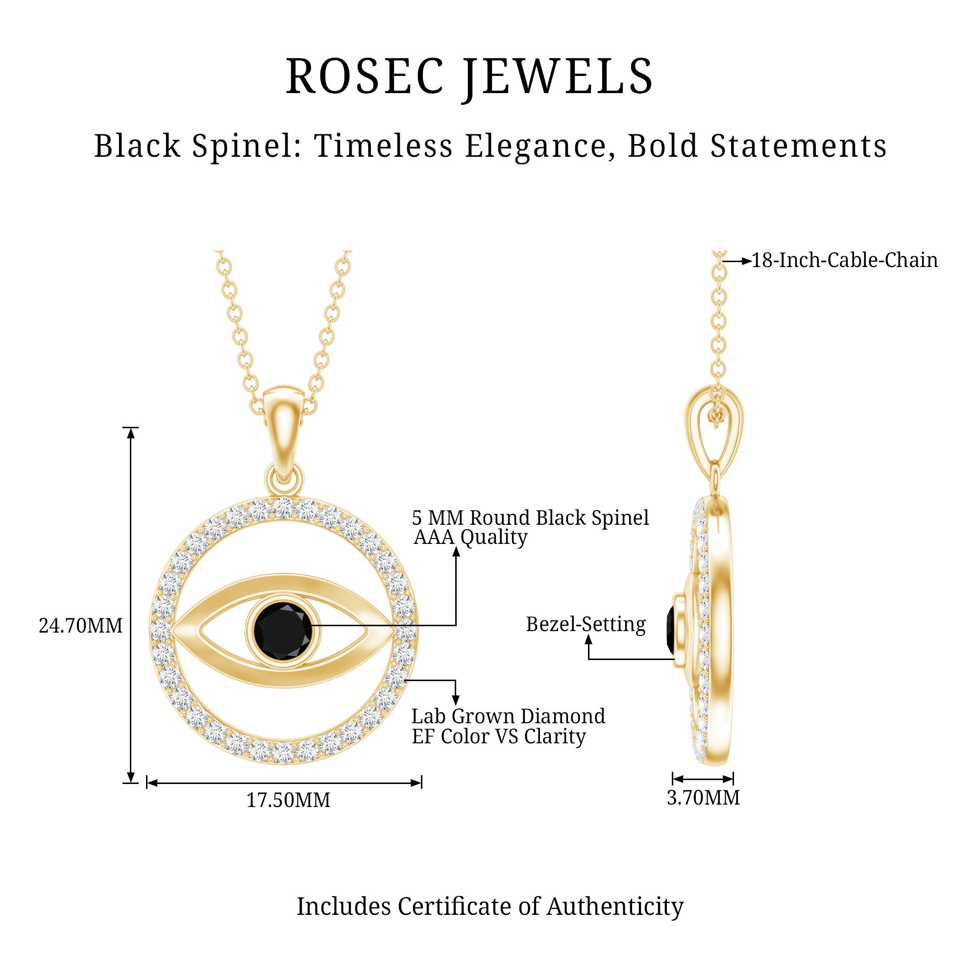 Black Spinel Evil Eye Pendant with Diamond Eternity AAA - Rosec Jewels