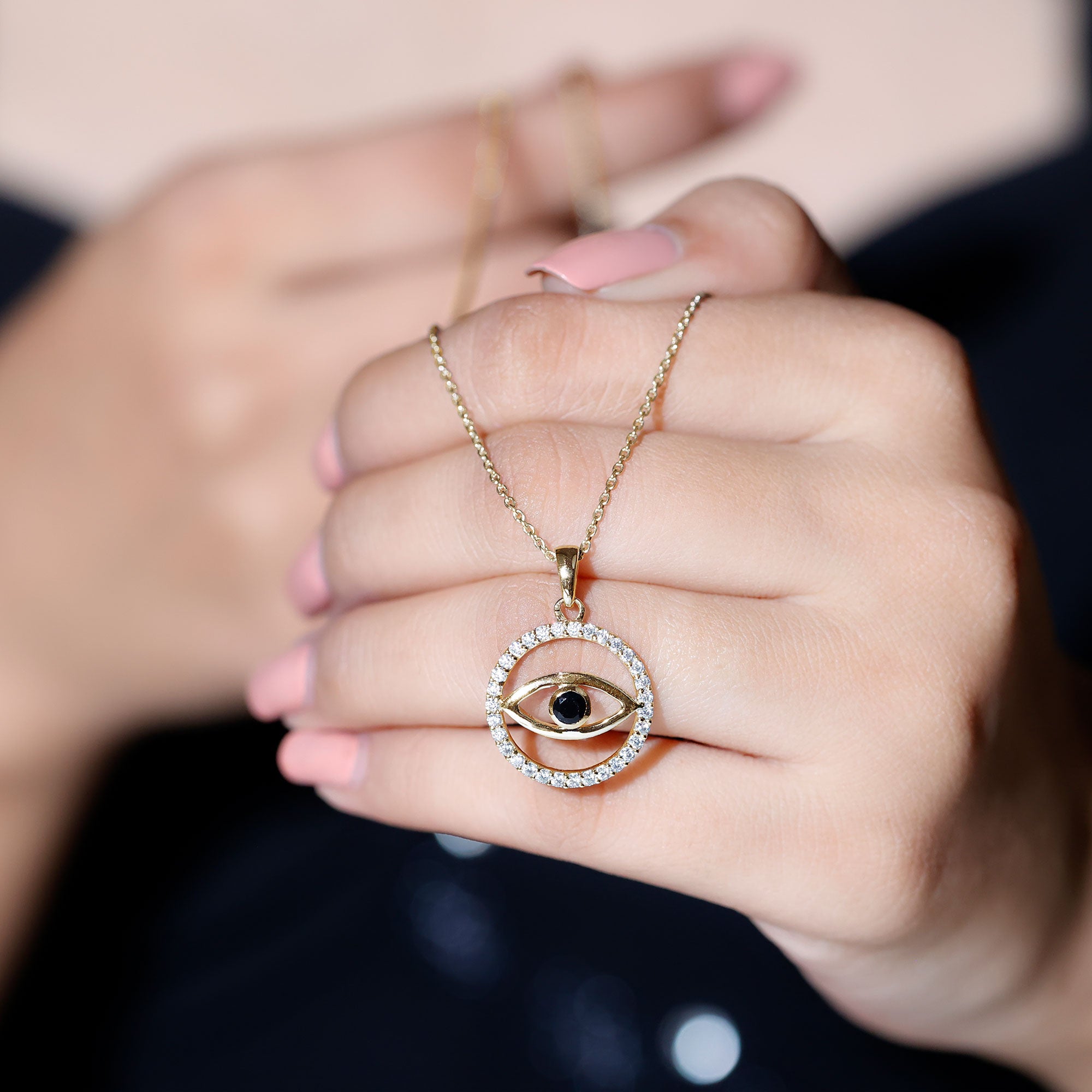 Black Spinel Evil Eye Pendant with Diamond Eternity AAA - Rosec Jewels