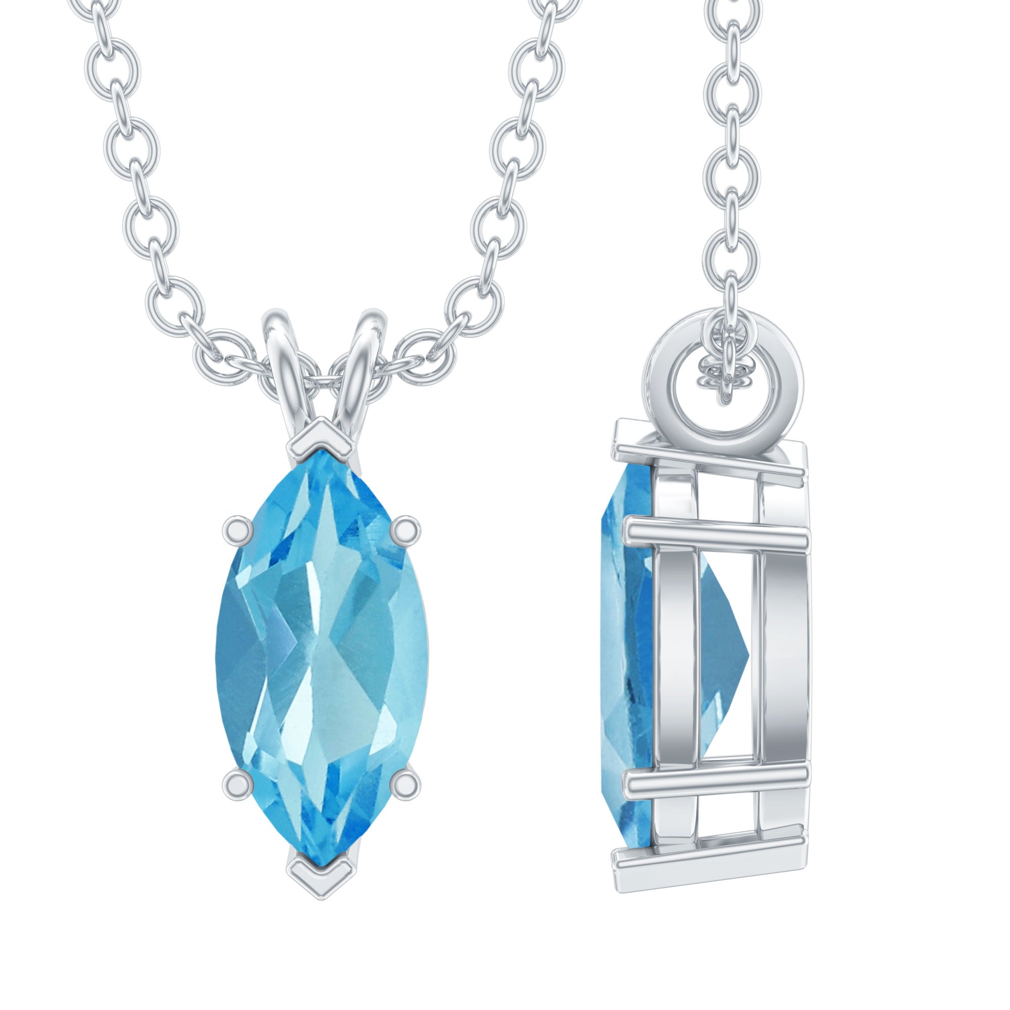 Real 0.7 Carat Marquise Swiss Blue Topaz Solitaire Pendant with Silver Chain AAA 92.5 Sterling Silver - Rosec Jewels