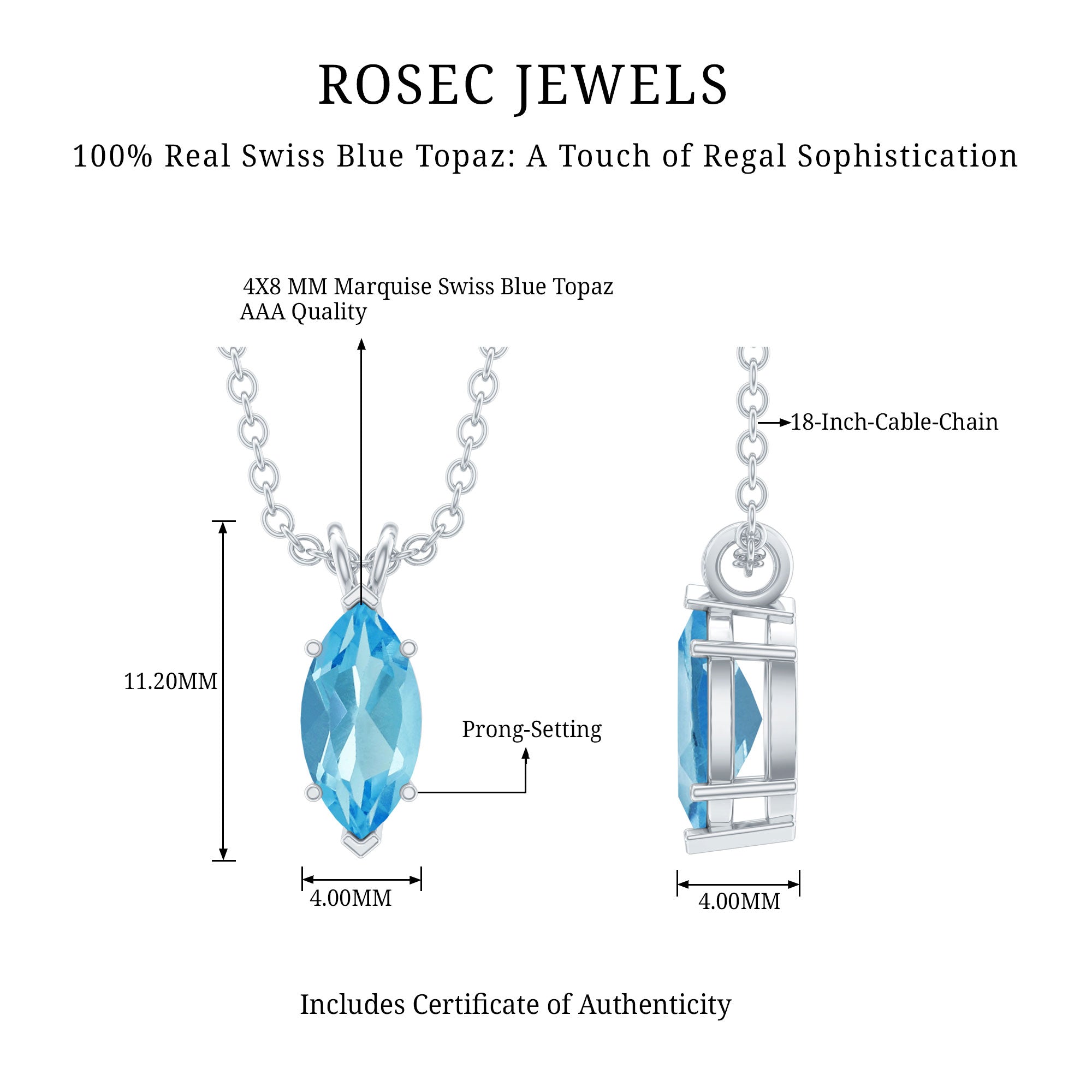Real 0.7 Carat Marquise Swiss Blue Topaz Solitaire Pendant with Silver Chain AAA 92.5 Sterling Silver - Rosec Jewels