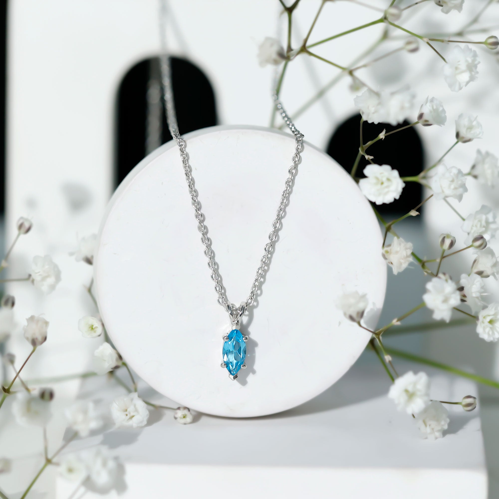 Real 0.7 Carat Marquise Swiss Blue Topaz Solitaire Pendant with Silver Chain AAA 92.5 Sterling Silver - Rosec Jewels