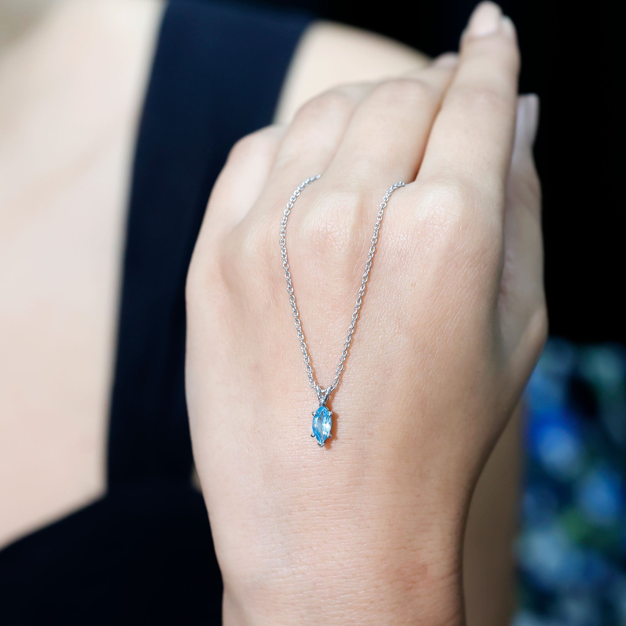 Real 0.7 Carat Marquise Swiss Blue Topaz Solitaire Pendant with Silver Chain AAA 92.5 Sterling Silver - Rosec Jewels