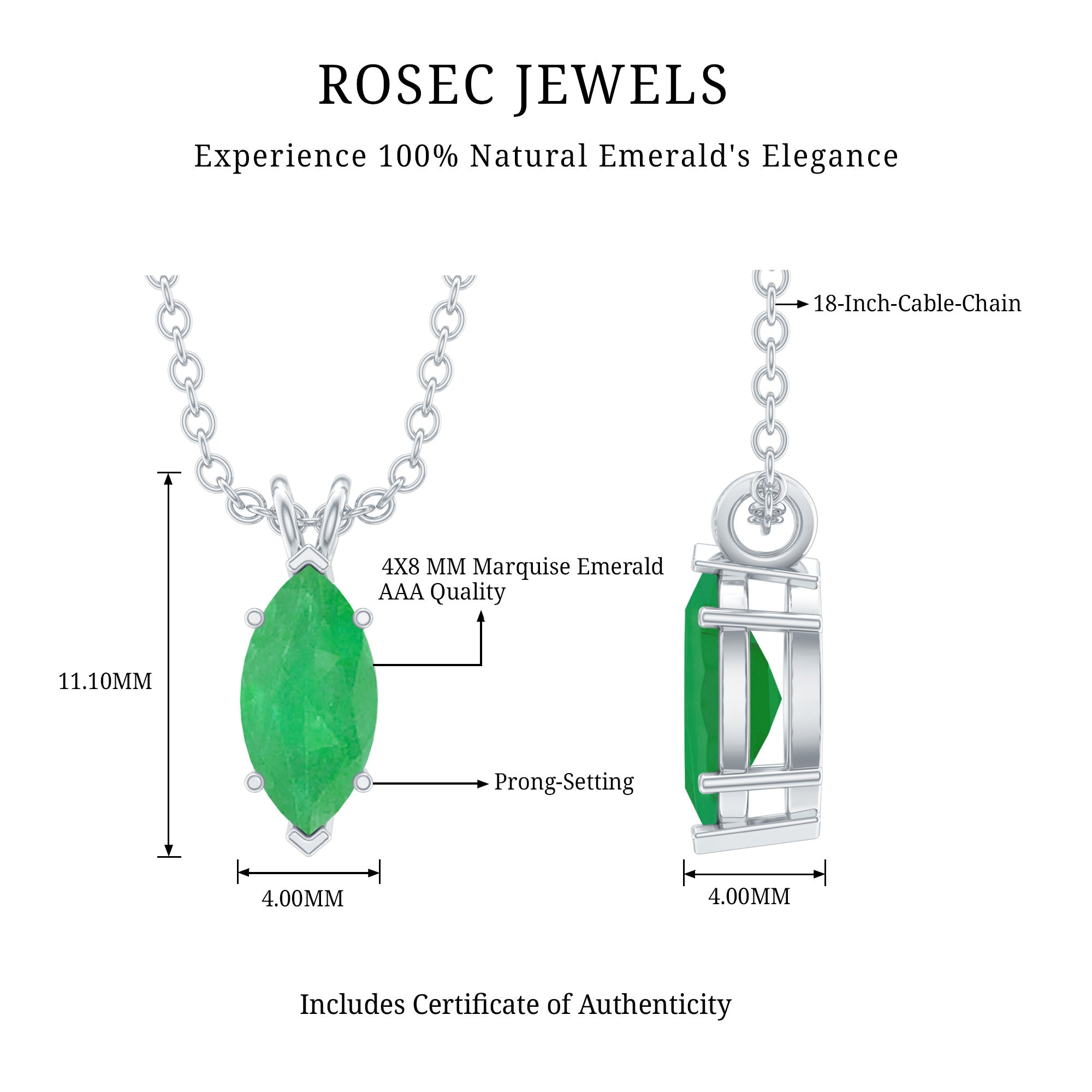 Marquise Cut Emerald Solitaire Pendant Necklace AAA - Rosec Jewels