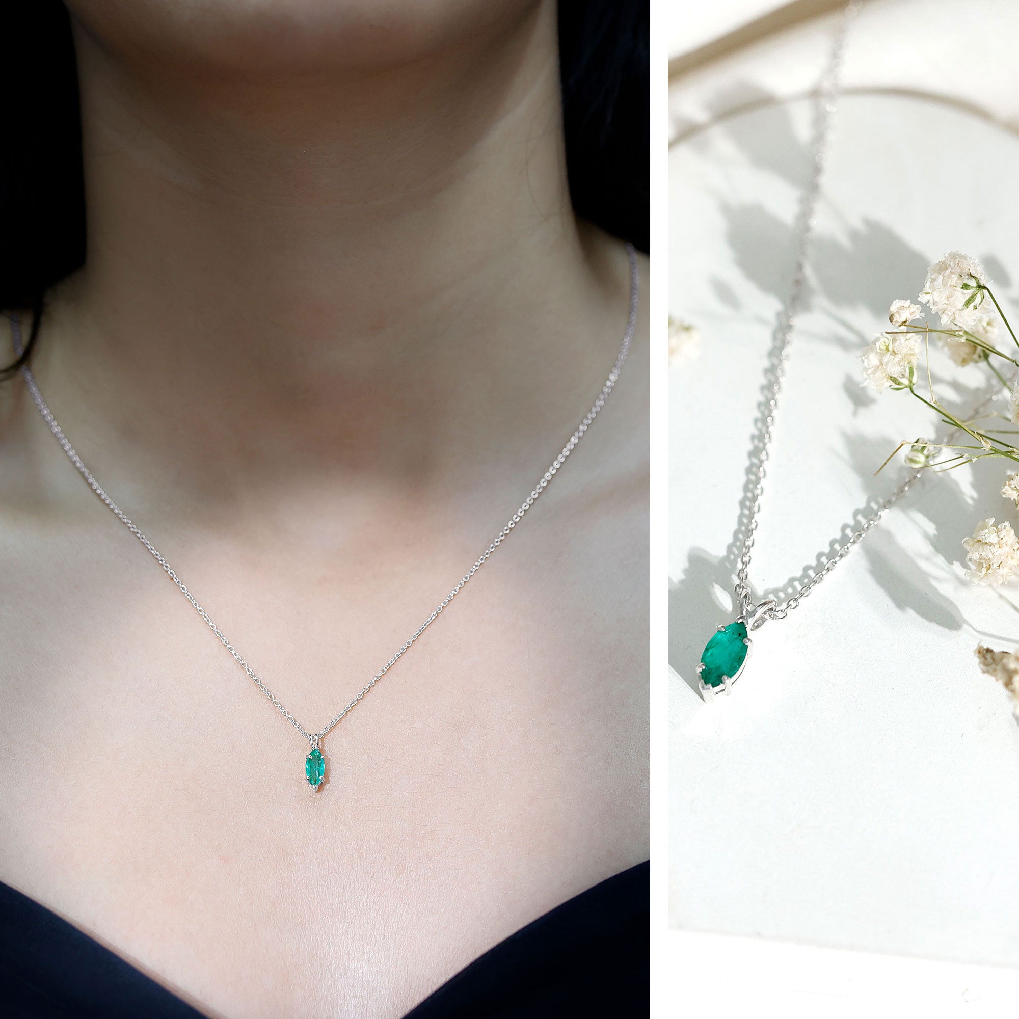 Marquise Cut Emerald Solitaire Pendant Necklace AAA - Rosec Jewels